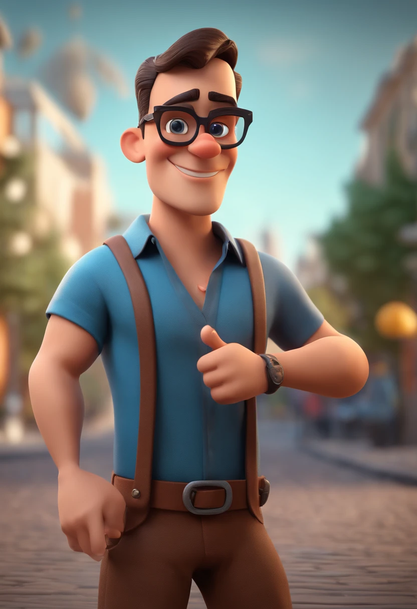 Cartoon character of a man with black glasses and a blue shirt, animation character, Caractere estilizado, animation style rendering, 3D estilizado, Arnold Maya render, 3 d render stylized, toon render keyshot, Personagem 3D, Personagem 3D, 3d rendering stylized, 3 d character render, personagem de desenho animado, Personagem de close up, Pose de personagem,  (Estilo Pixar) (master part:1.2) (Bokeh) (best quality) (pele detalhada) (textura detalhada) (8k) (argila) (Cinematic lighting) (foco nítido