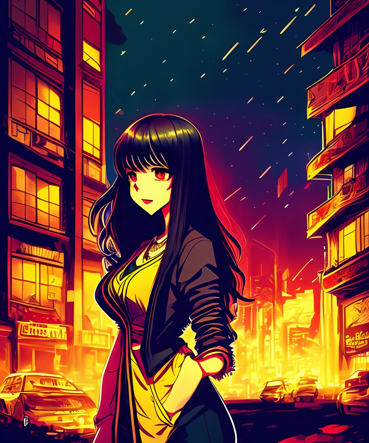 Woman, middle twenties, long black hair with bangs, drawing as a 90' anime character, with punk clothes, in the night city