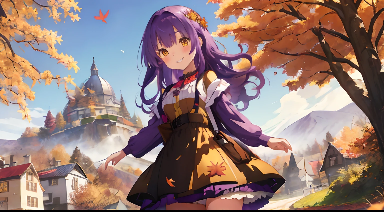 girl with,purple color hair,Yellow eyes,Fluffy dresses,Autumn outfit,Autumn landscape,Colored leaves,Dress Sex,flower field,full of sunlight,Upper Eyes,Smile while blushing,Leaning to the right,Several small birds are flying
