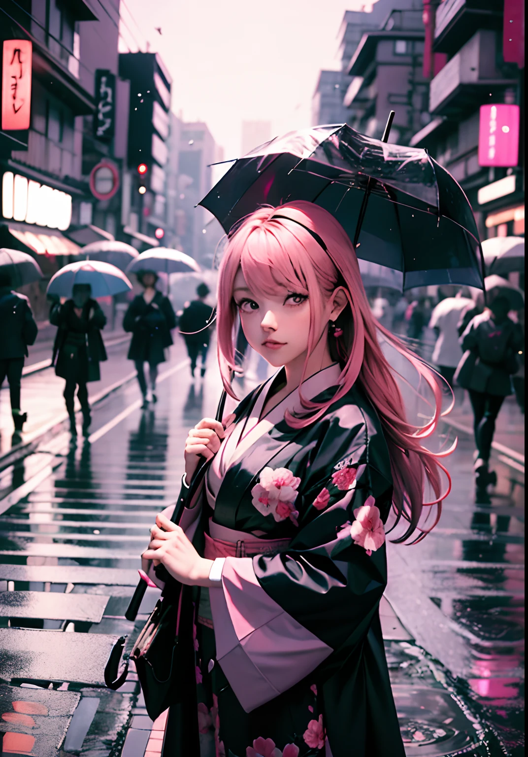 Very cute girl with pink hair pink eyes facing the viewer and holding an umbrella to fubdo a Japanese city at night with a lalamborghini in the background black pink