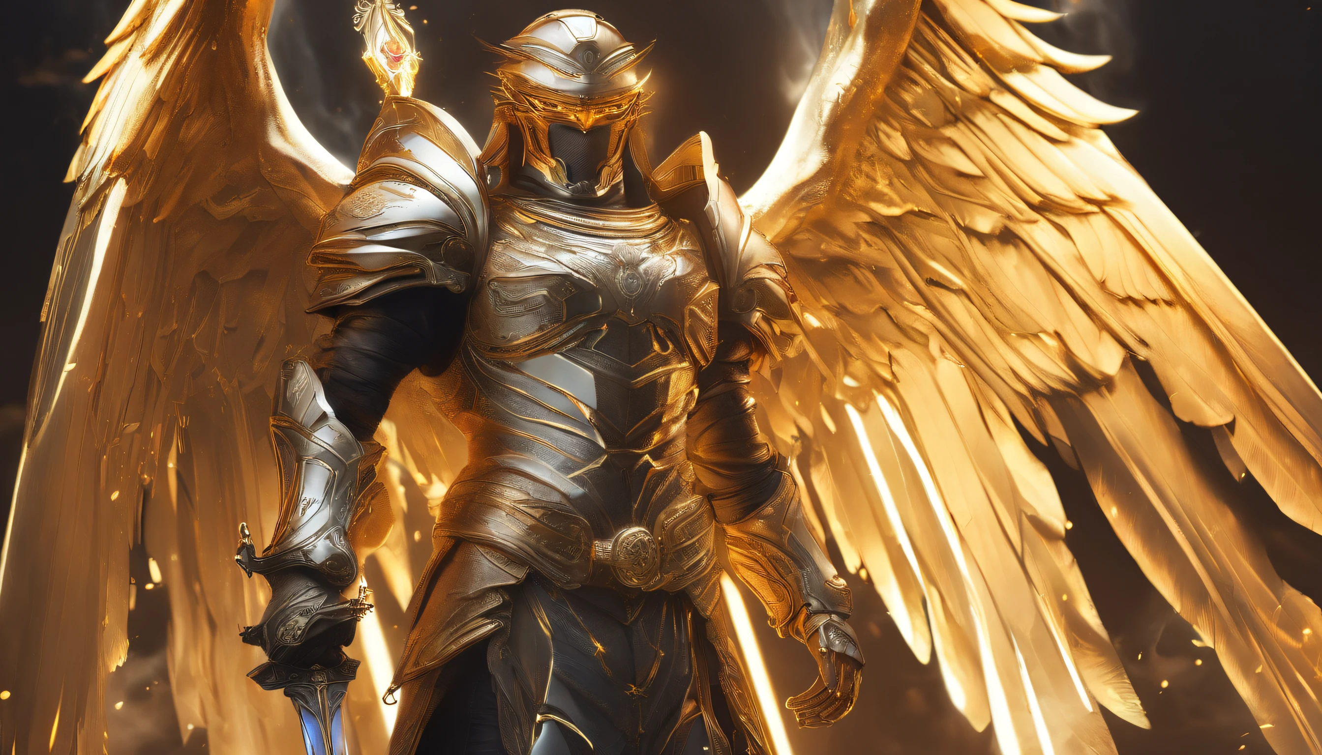 ((The Justice angel)),(take flame blade which reflect the dizzle light),burnning up in fire,equiped with golden armer,((eyes shinning gold beam)),background in holy beaming from the heaven,official art,epic
