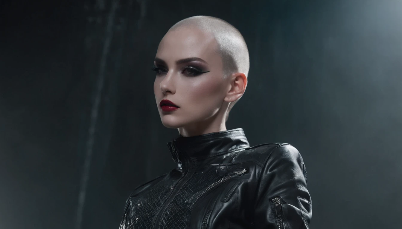 Beautiful shaved head woman dressed in leather jacket and fishnet bodysuit dancing in an underground rave, black make-up, techno aesthetic, techno rave, sensual pose, ultra detailed, photorealistic, masterpiece.