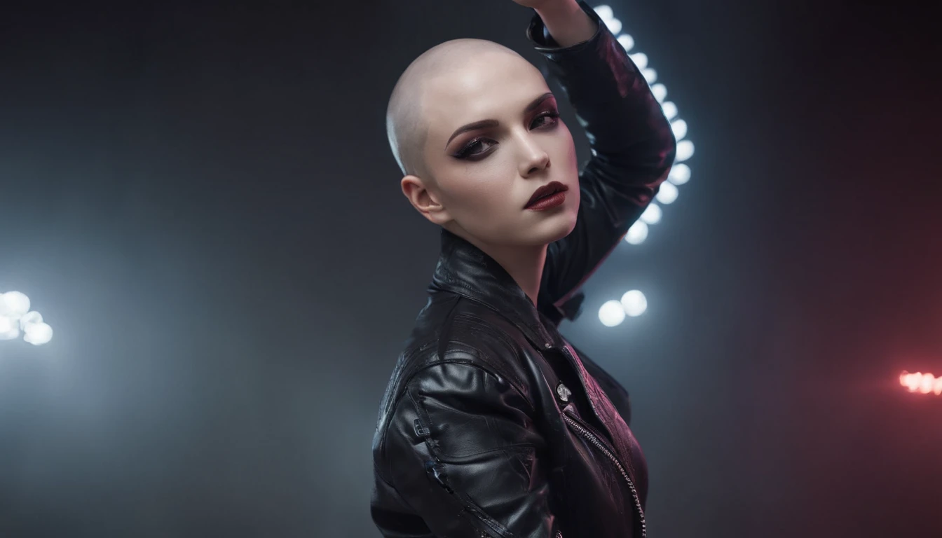 Beautiful shaved head woman dressed in leather jacket and fishnet bodysuit dancing in an underground rave, black make-up, techno aesthetic, techno rave, sensual pose, ultra detailed, photorealistic, masterpiece.