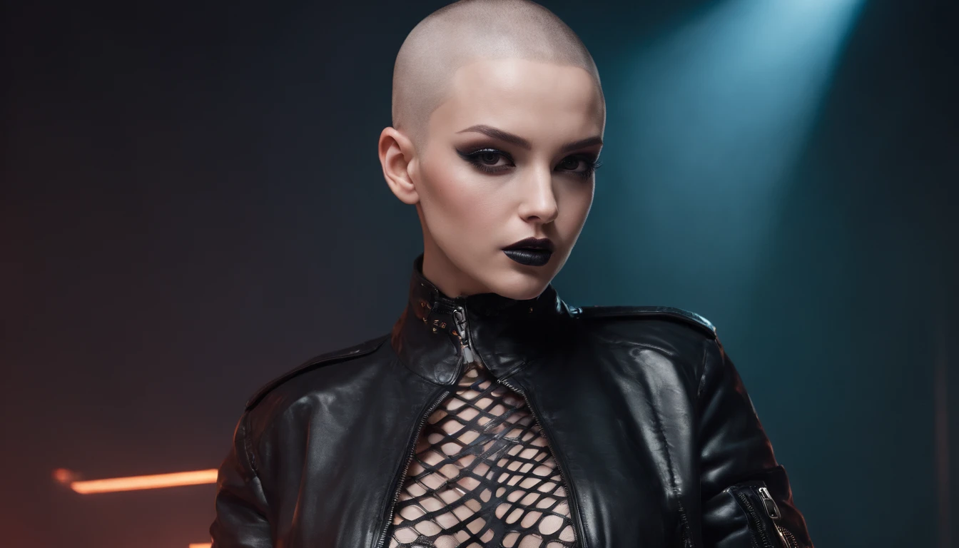 Beautiful shaved head woman dressed in leather jacket and fishnet bodysuit dancing in an underground rave, black make-up, techno aesthetic, techno rave, sensual pose, ultra detailed, photorealistic, masterpiece.