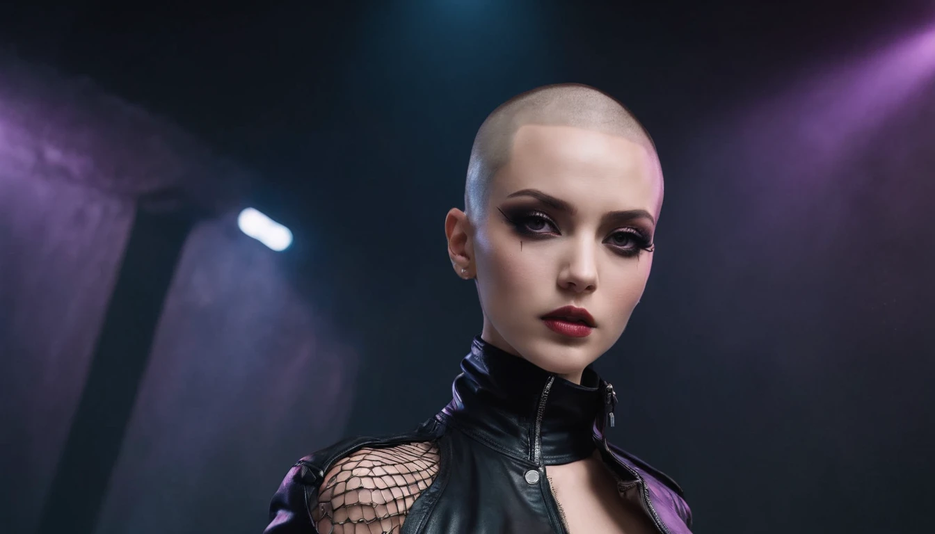 Beautiful shaved head woman dressed in leather jacket and fishnet bodysuit dancing in an underground rave, black make-up, techno aesthetic, techno rave, sensual pose, ultra detailed, photorealistic, masterpiece.