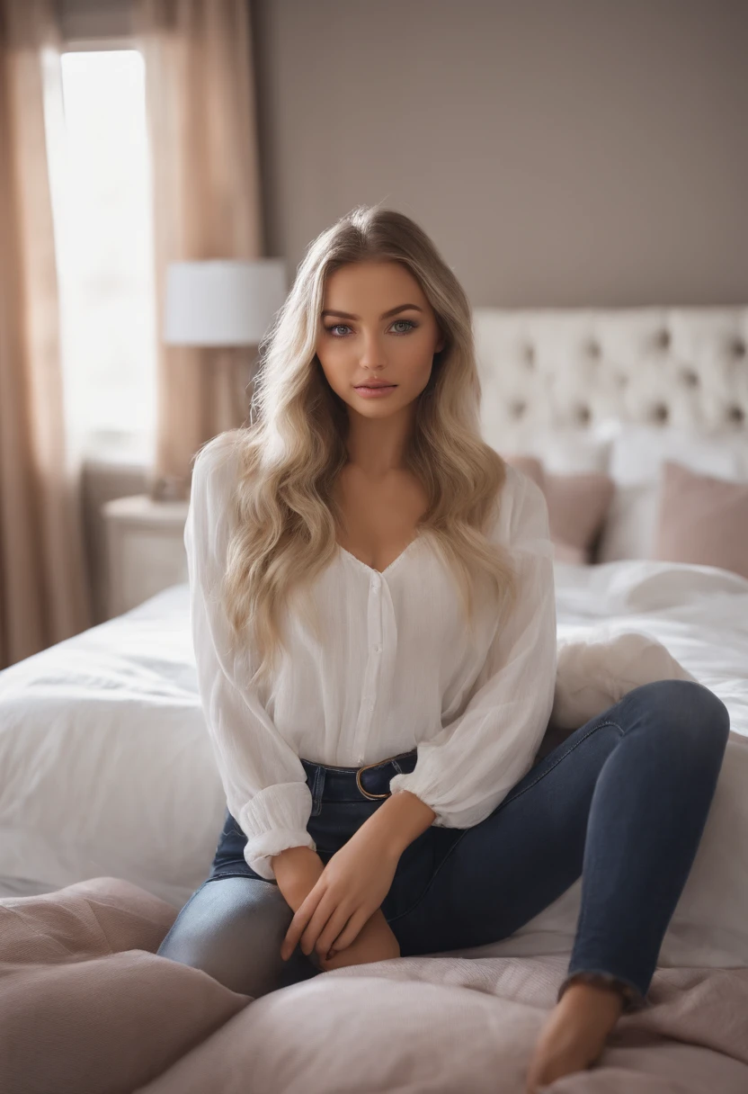 arafed woman fully , sexy girl with blue eyes, ultra realistic, meticulously detailed, selfie sophie mudd, blonde hair and large eyes, selfie of a young woman, bedroom eyes, violet myers, without makeup, natural makeup, looking directly at the camera, face with artgram, subtle makeup, stunning full body shot kneeling on bed, in bedroom, medium to large size bust