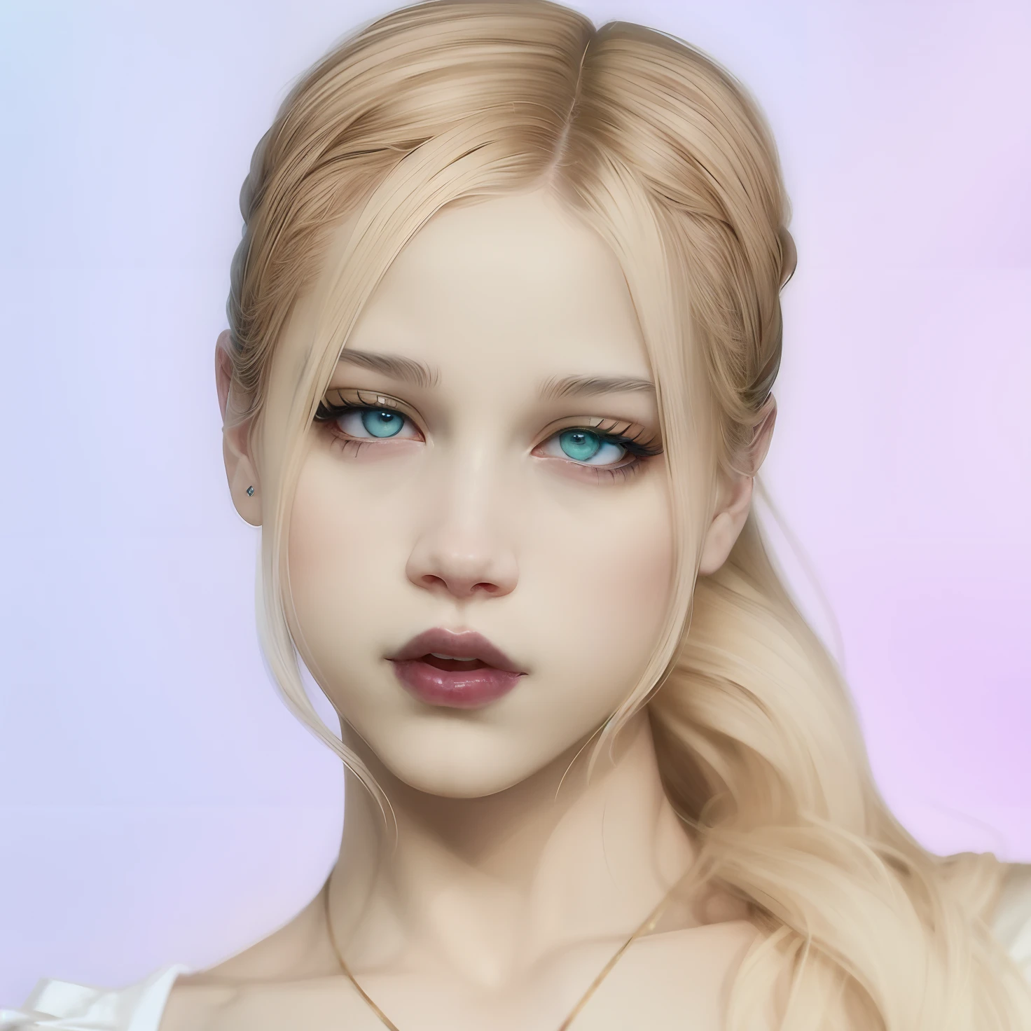 Un primer plano de una mujer con cabello largo y rubio y un collar y ojos de color blanco, ojos de color blanco. Portrait of Rosé from Blackpink, Retrato realista kawaii, Rosé Blackpink Portrait, in the art style of bowater, fotorrealista!!!!!!! Artistic style, Retrato de Kpop Idol, Parque Roseanne de Blackpink, inspirado por Yanjun Cheng, Estilo de arte de anime realista, realistic artistic style, Estilo de realismo de anime, realistic digital illustration. Ojos color blanco Roseanne de Blackpink