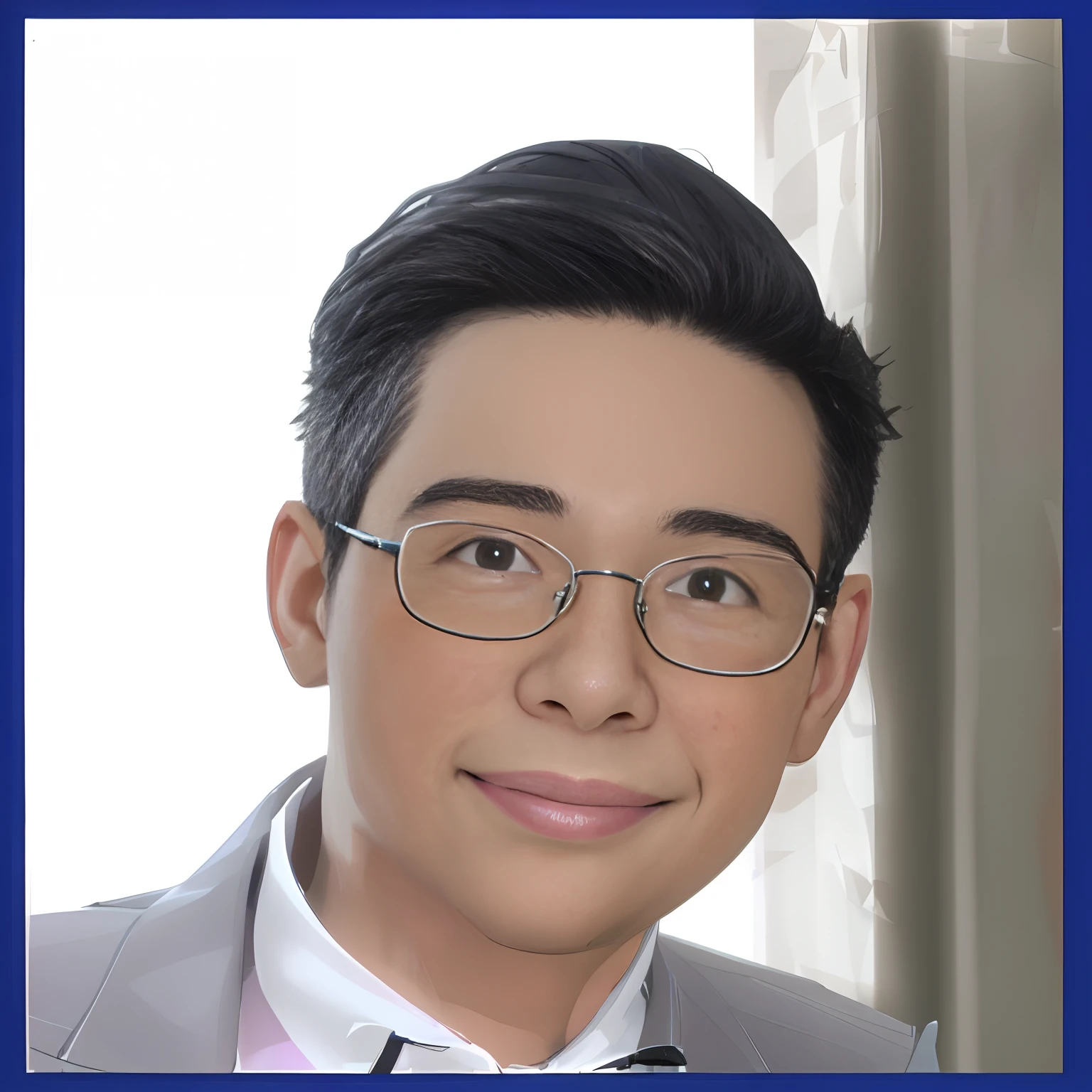 30 year old man's face, 3d sketch, black hair, intellectual man, wear glasses, smile, yellow-brown skin