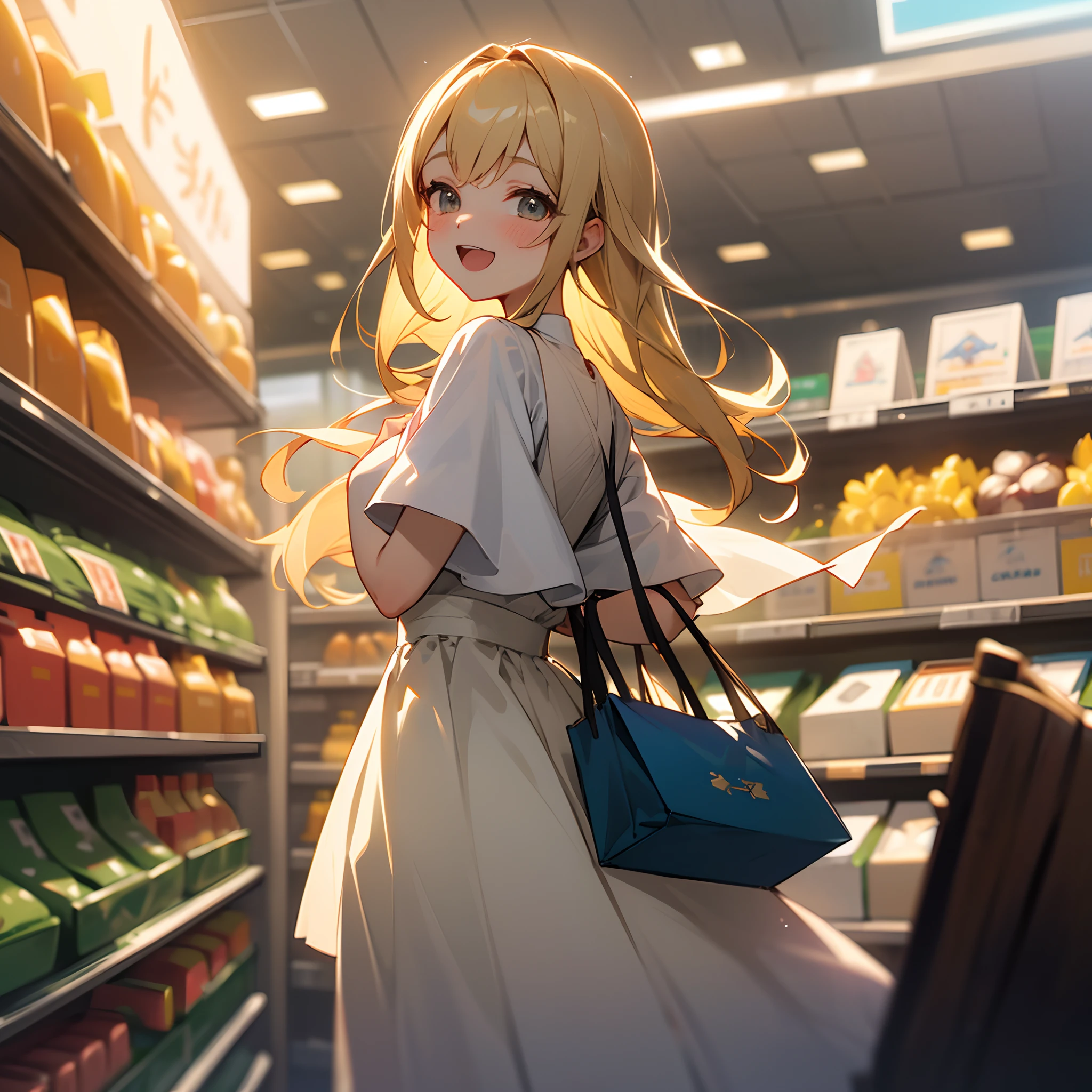 (masterpiece、top-quality)、Wearing a white dress、Long blonde girl going shopping in supermarket、Its existence is、Beautify the entire space、a person々Bringing joy and excitement to。Warm lighting、Blurred foreground