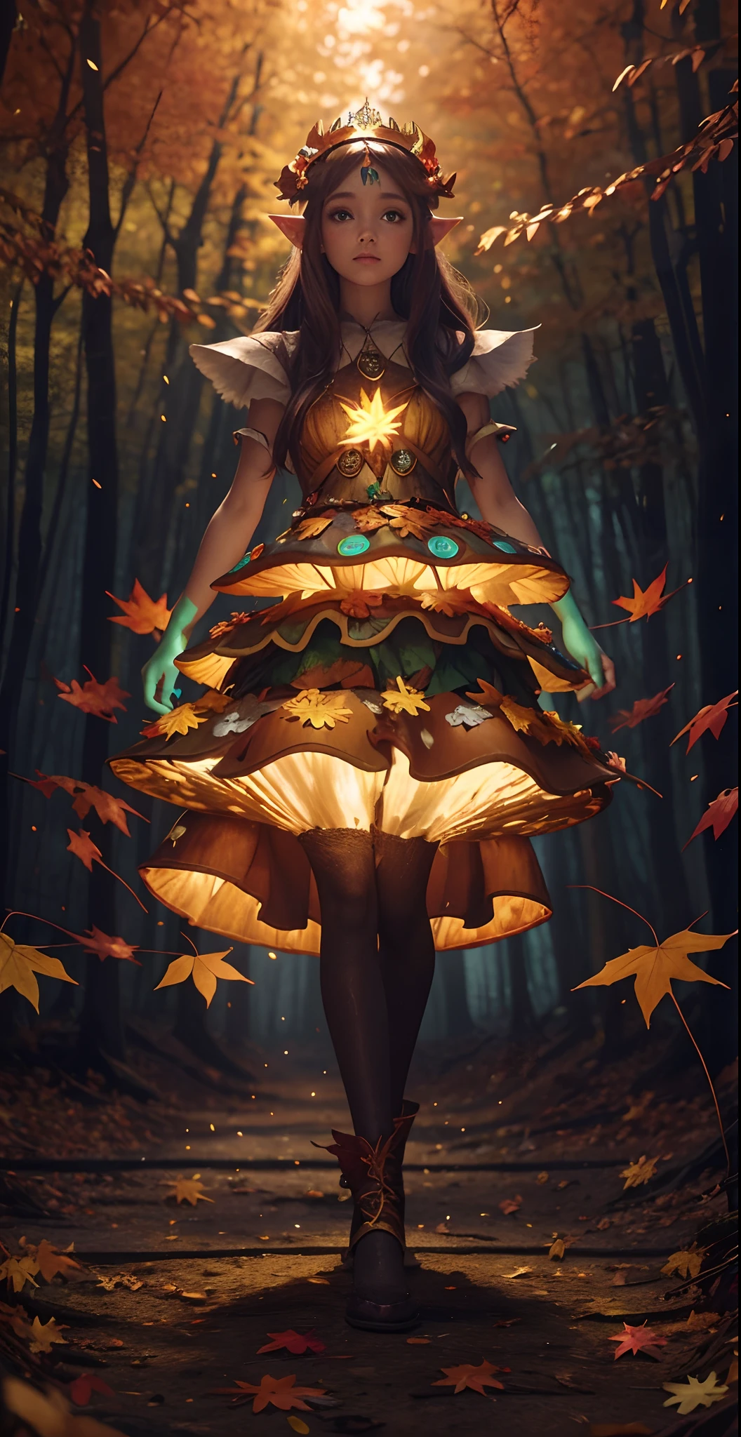 An full body shot of an Elfgirl wearing a subtle autumn multi-color skirt shaped like a mushroom, on her head she wears a crown of autumn leaves twigs and flowers, in a plush autumn forest clearing which is the forest shimmers with an almost faint bioluminescents, dark as night, a lighted forest clearing at evening 8k
