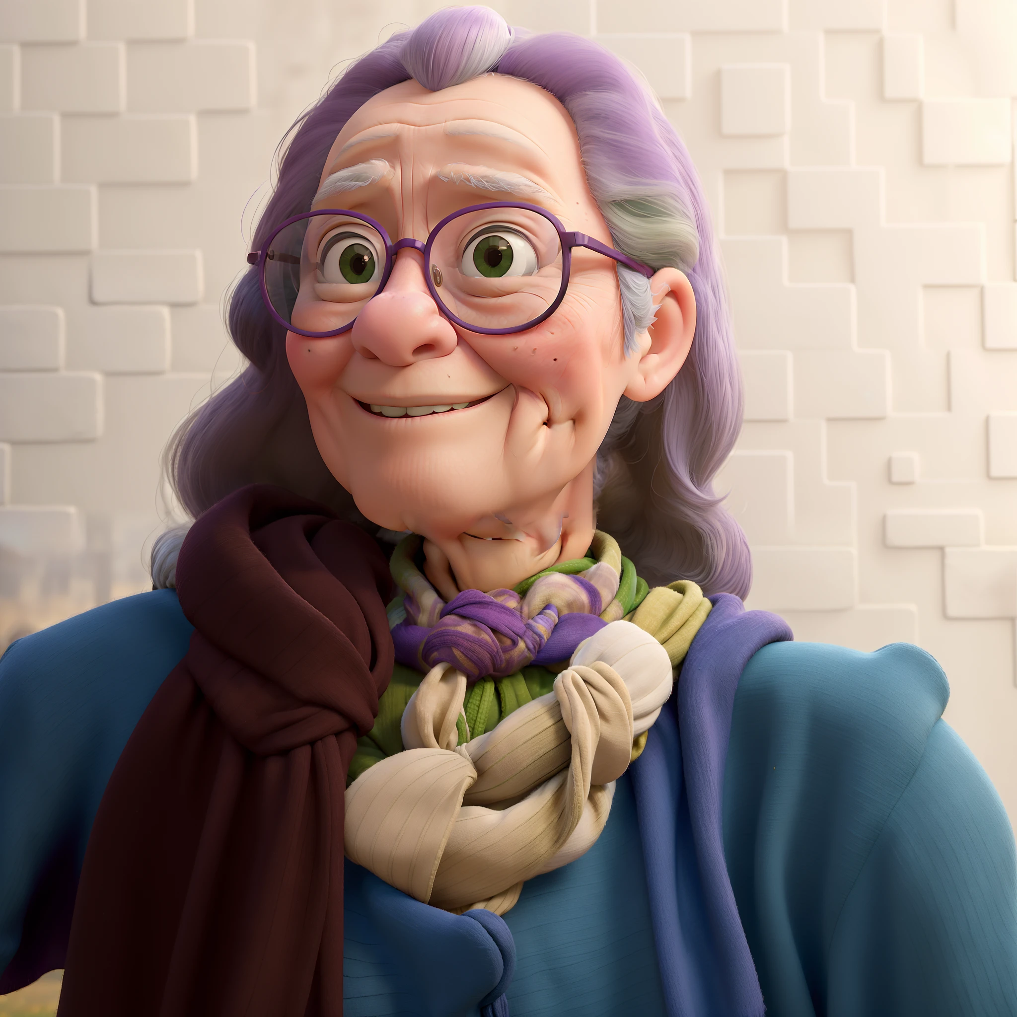 masterpiece, best quality, an old woman with glasses and a scarf on, wearing a purple coat and green scarf, standing at the park
