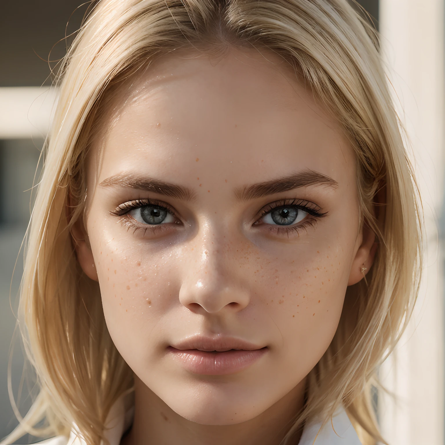 ultra face close up, face up,1Girl 18 years old, blonde hair, BLONDE, Blond girl, pullover, lips, realism, detailed eyes, skin imperfection, small forhead, fine small freckles, natural, without reflection and shadow on the face, without glare, ultra high face texture, colours, realism, 8K, natural, big lips, full lips, hyper detailed photo, photorealistic, PHOTO, RAW, modeling, girl model, epic advertisment, cinematic shot, cinematic, pretty face, hot, sexy, NO WRINKLES, (BLONDE 1.0), White hair, blond hair.