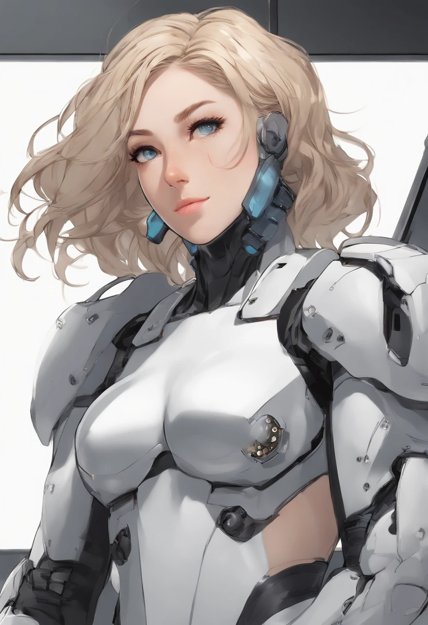 (Upper body), (Realistic, [Anime]), (。.3D:0.3), Dramatic Lighting, ((masutepiece)),(quality),(hight resolution), Tall Lady Boyd Star, [[Covered abs]], ((X-Ray Power Armor|Lined bodysuit|White Power Armor) mechanical arms), Undercut with black hair in a bob, [Evil smile], Small breasts, Covered navel, eye line, Eyelashes, Perfect face, Beautiful nose, Detailed pupil, Beautiful eyes, Detailed eyes, Blue eyes, Perfect lips, A pose on the monitor, Simple background, [boku no hero academia], (bouge:1) ,