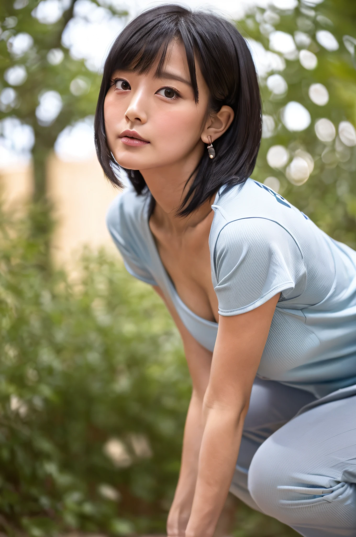 (Best quality, 8k, 32k, Masterpiece, UHD:1.2),Photo of Pretty Japanese woman,black short hair,beauty face,(leaning forward:1.3),squatting,(from above:1.2),(close up:1.4),pov,loose t-shirt,large breasts,(beautiful nipple slip:0.9),outdoors,windy,shiny skin,blurry background,