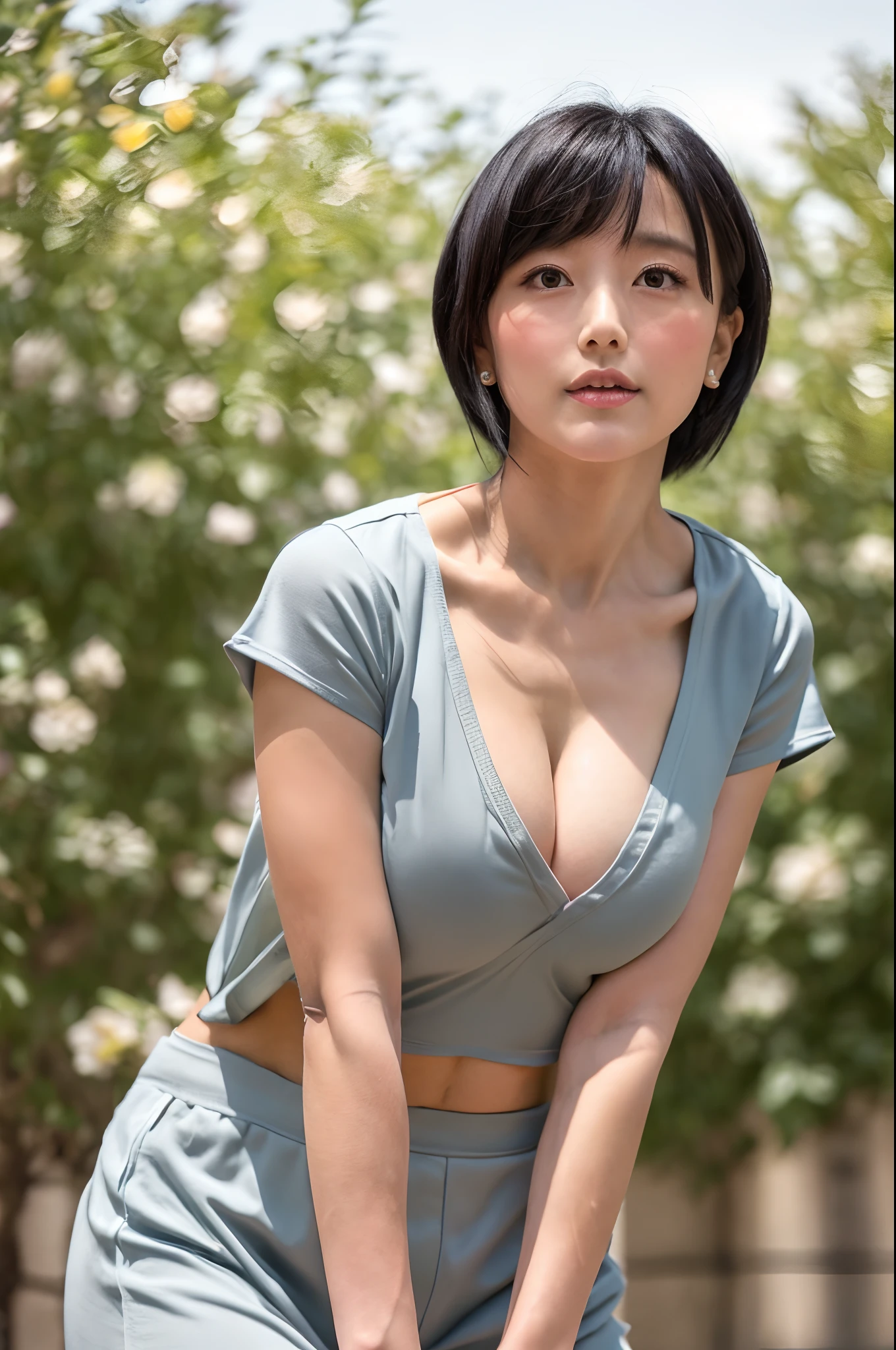 (Best quality, 8k, 32k, Masterpiece, UHD:1.2),Photo of Pretty Japanese woman,black short hair,beauty face,(leaning forward:1.3),squatting,(from above:1.2),(close up:1.4),pov,loose t-shirt,large breasts,(beautiful nipple slip:0.9),outdoors,windy,shiny skin,blurry background,