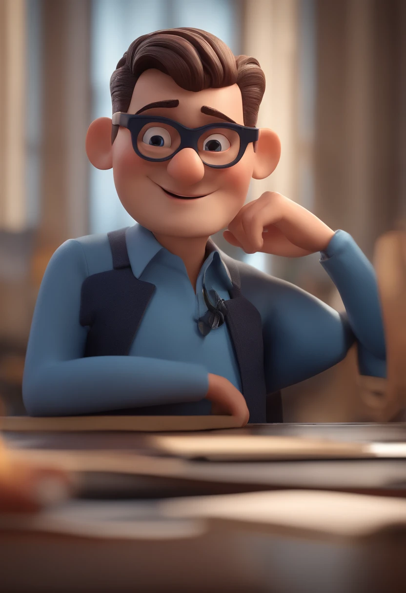 Cartoon character of a man with black glasses and a blue shirt, animation character, Caractere estilizado, animation style rendering, 3D estilizado, Arnold Maya render, 3 d render stylized, toon render keyshot, Personagem 3D, Personagem 3D, 3d rendering stylized, 3 d character render, personagem de desenho animado, Personagem de close up, Pose de personagem, (Estilo Pixar) (master part:1.2) (Bokeh) (best quality) (pele detalhada) (textura detalhada) (8k) (argila) (Cinematic lighting) (foco nítido