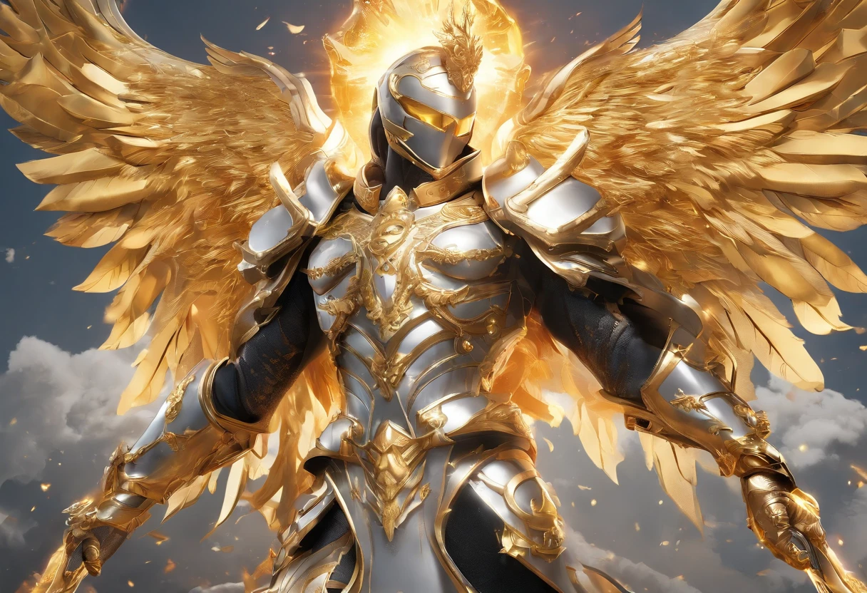 ((The Justice angel)),(take flame blade which reflect the dizzle light),burnning up in fire,equiped with golden armer,((eyes shinning gold beam)),background in holy beaming from the heaven,((illustration style)),official art,epic