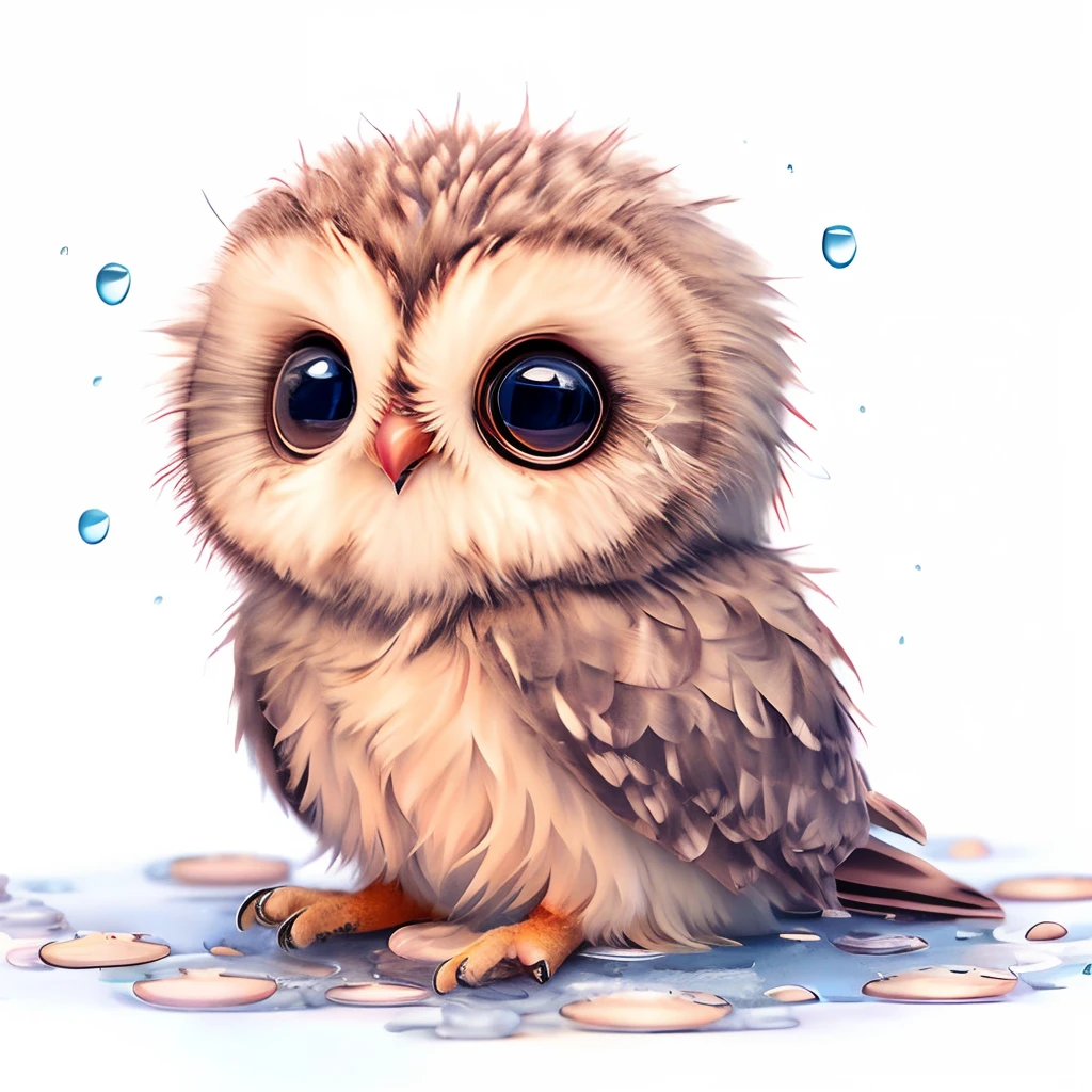 A small baby owl is sitting on the ground with a drop of water floating, Cute owl, Adorable Digital Painting, cute detailed digital art, Cute digital art, with a cute fluffy owl, cute detailed artwork, cute artwork, so cute, CuteCreatures, Cute illustration, ohwx, a cute adorable, Adorable and cute, cute animal, very very small owl, cute little creature