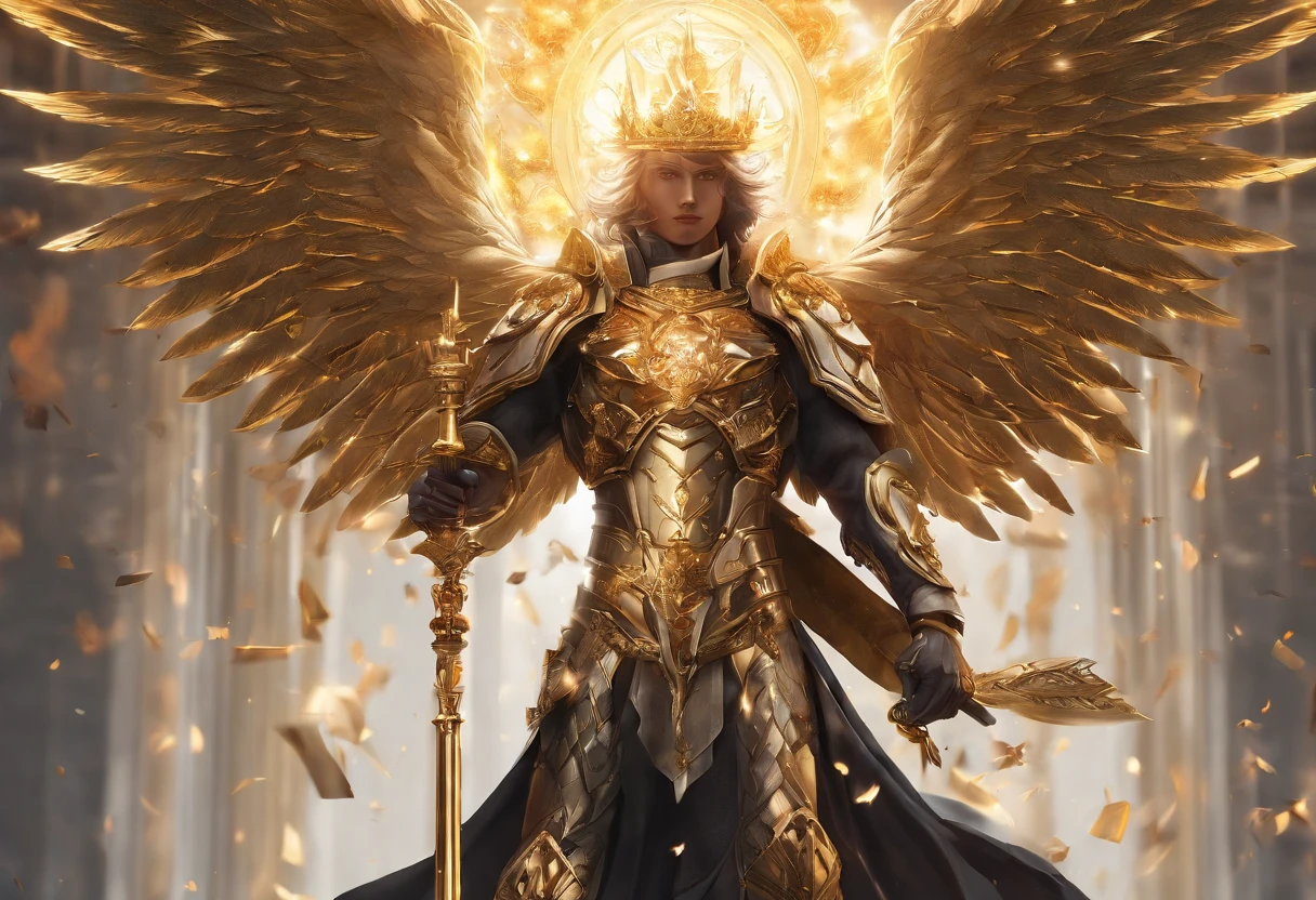 ((The Justice angel)),(take flame blade which reflect the dizzle light),burnning up in fire,equiped with golden armer,((eyes shinning gold beam)),background in holy beaming from the heaven,((illustration style)),official art,epic