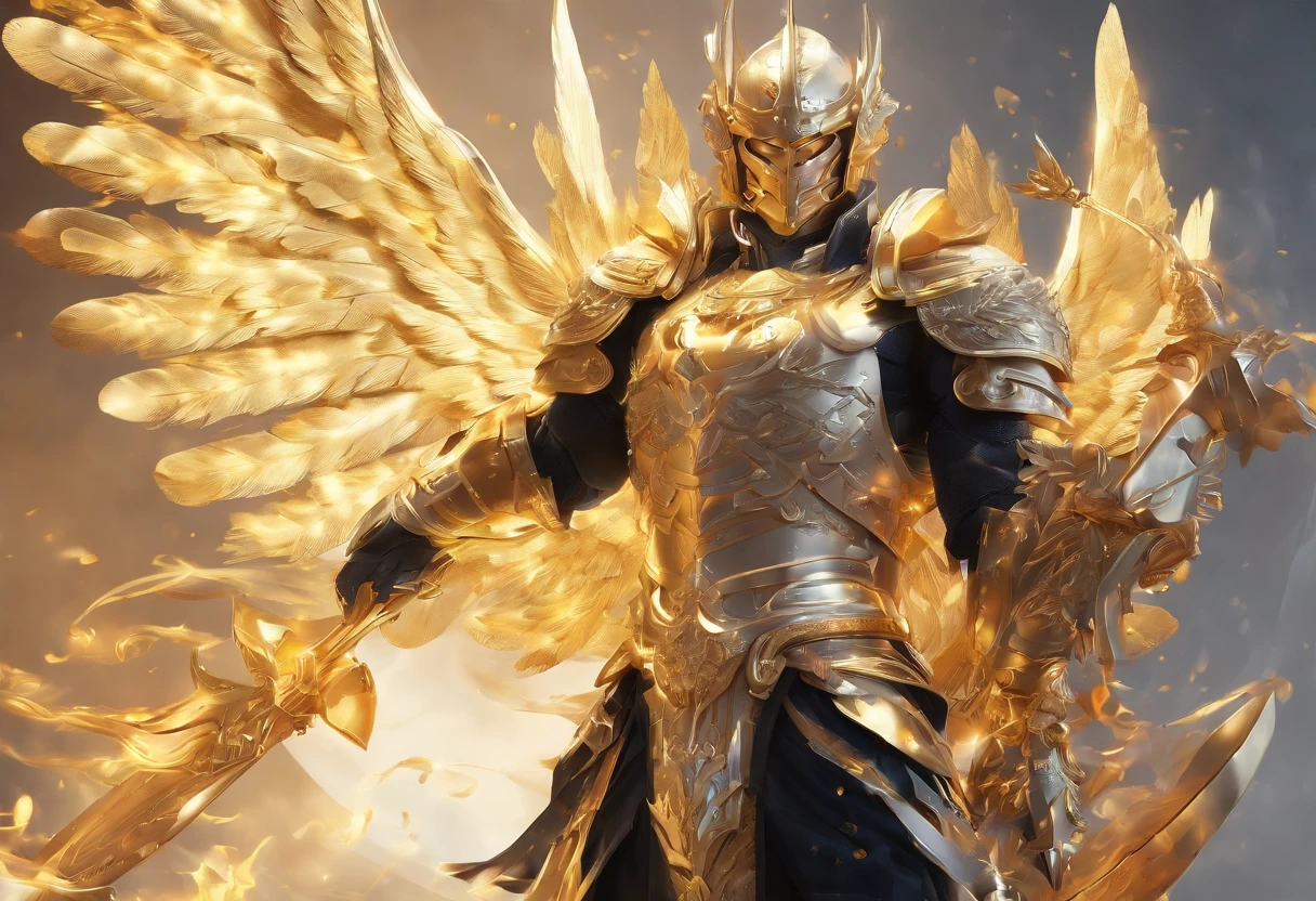 ((The Justice angel)),(take flame blade which reflect the dizzle light),burnning up in fire,equiped with golden armer,((eyes shinning gold beam)),background in holy beaming from the heaven,((illustration style)),official art,epic storry