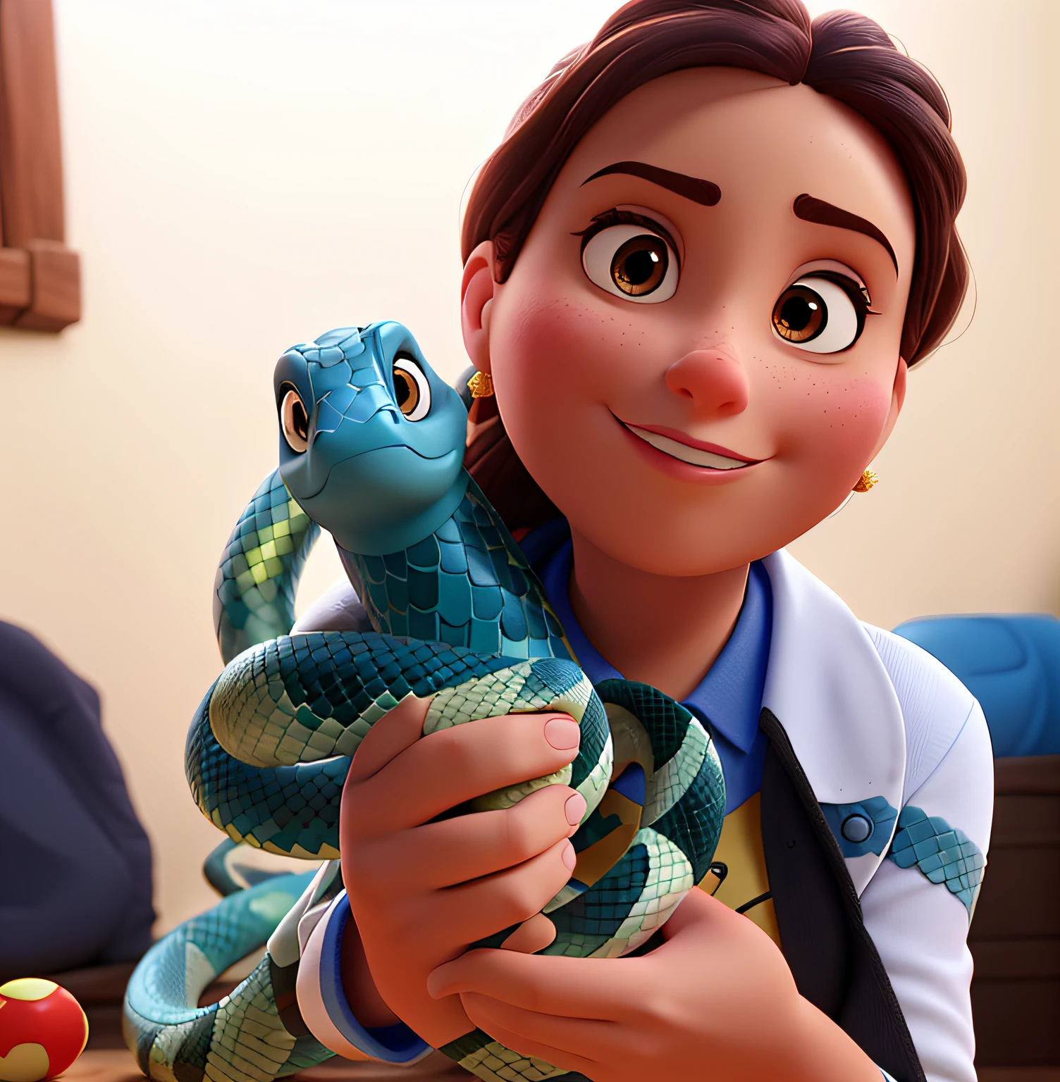 mulher estilo pixar, Qualidade de imagem ideal, In his hands is a snake looking at the camera puts the snake's head in front of his hand looking straight ahead
