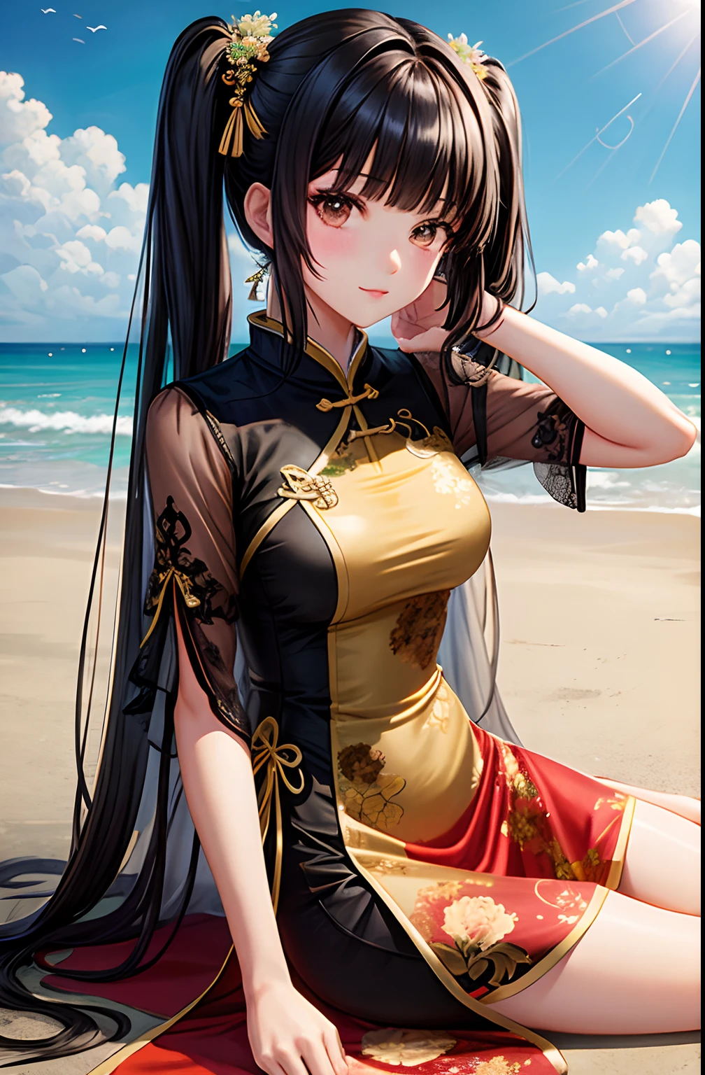 girl,full body,(detailed face:1.2), masterpiece, fashion,chinese dress,, medium hair, black hair, twintails, blunt bangs, brown eyes,