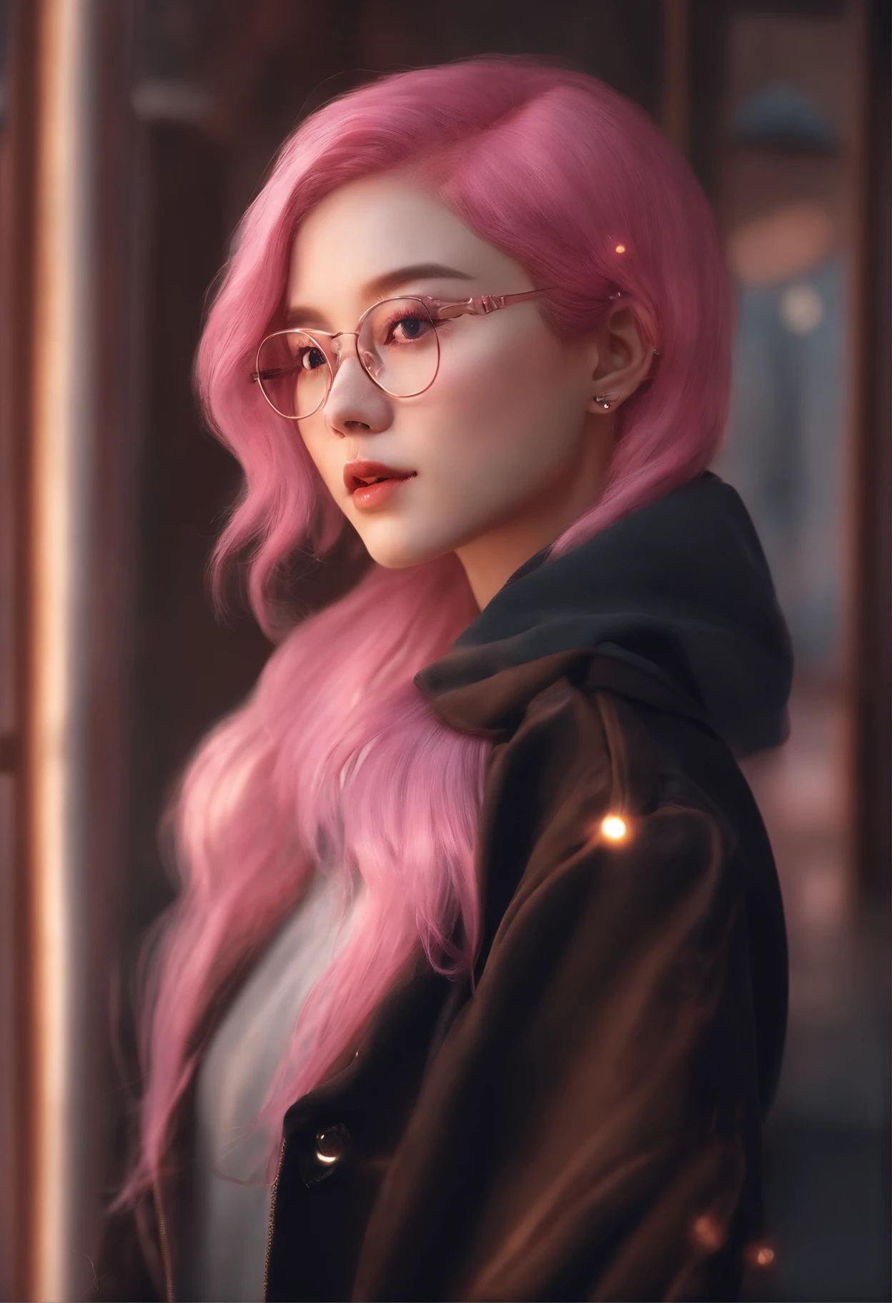 Close-up of a woman with pink hair wearing glasses, artwork in Guvez style, Guvez, kawaii realistic portrait, inspired by Seihiko-kun, glowing pink face, pink girl, beautiful anime portrait, pink glasses, glowing pink eyes, realistic anime 3 D style, Yanjuncheng, realistic anime art style, ((pink)8k