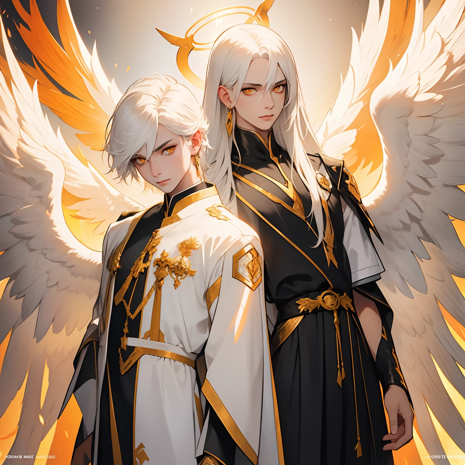 Angel, white hair, young male, 1male, clean shaven, orange eyes, dramatic lighting, anime, golden wings, halo, simple background, masterpiece, perfect eyes