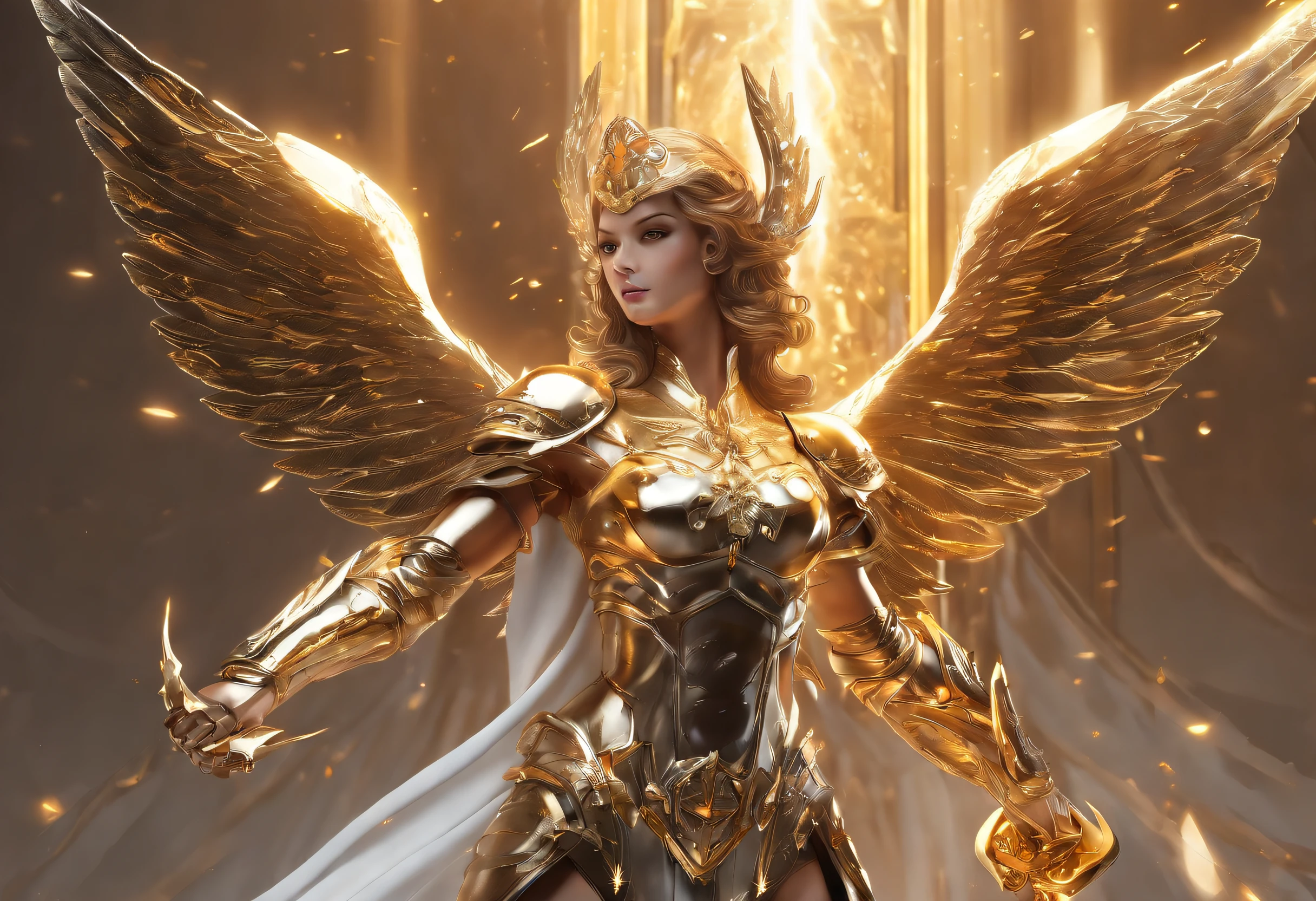 ((The Justice angel)),(take flame blade which reflect the dizzle light),burnning up in fire,equiped with golden armer,((eyes shinning gold beam)),background in holy beaming from the heaven,((illustration style)),official art,epic