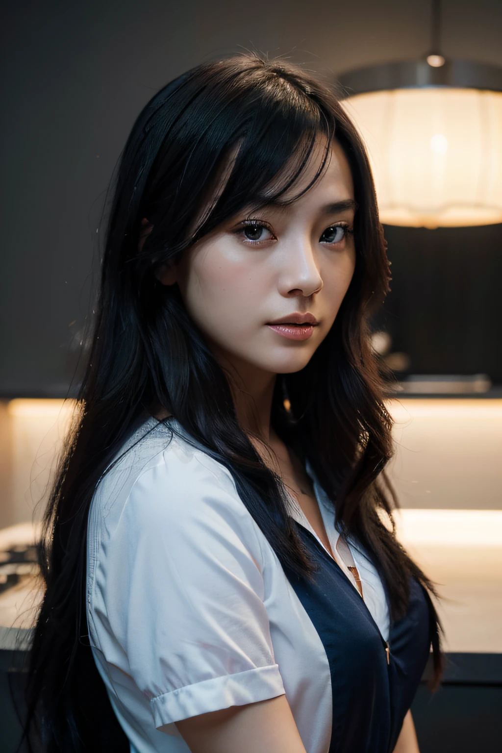 A 30-year-old Chinese girl with long black hair, Face the camera,heterochromatic eyes, Pale skin, The chest is slightly straight, Wear a blue dress with a crisp pink shirt, With a more elegant and refined touch, Something that matches her mysterious and strong personality.Overall, Her appearance will be eye-catching, Attract curious and curious eyes, Cinematic lighting, color difference, back lit lighting, Masterpiece, Highly detailed, High quality, 4K.