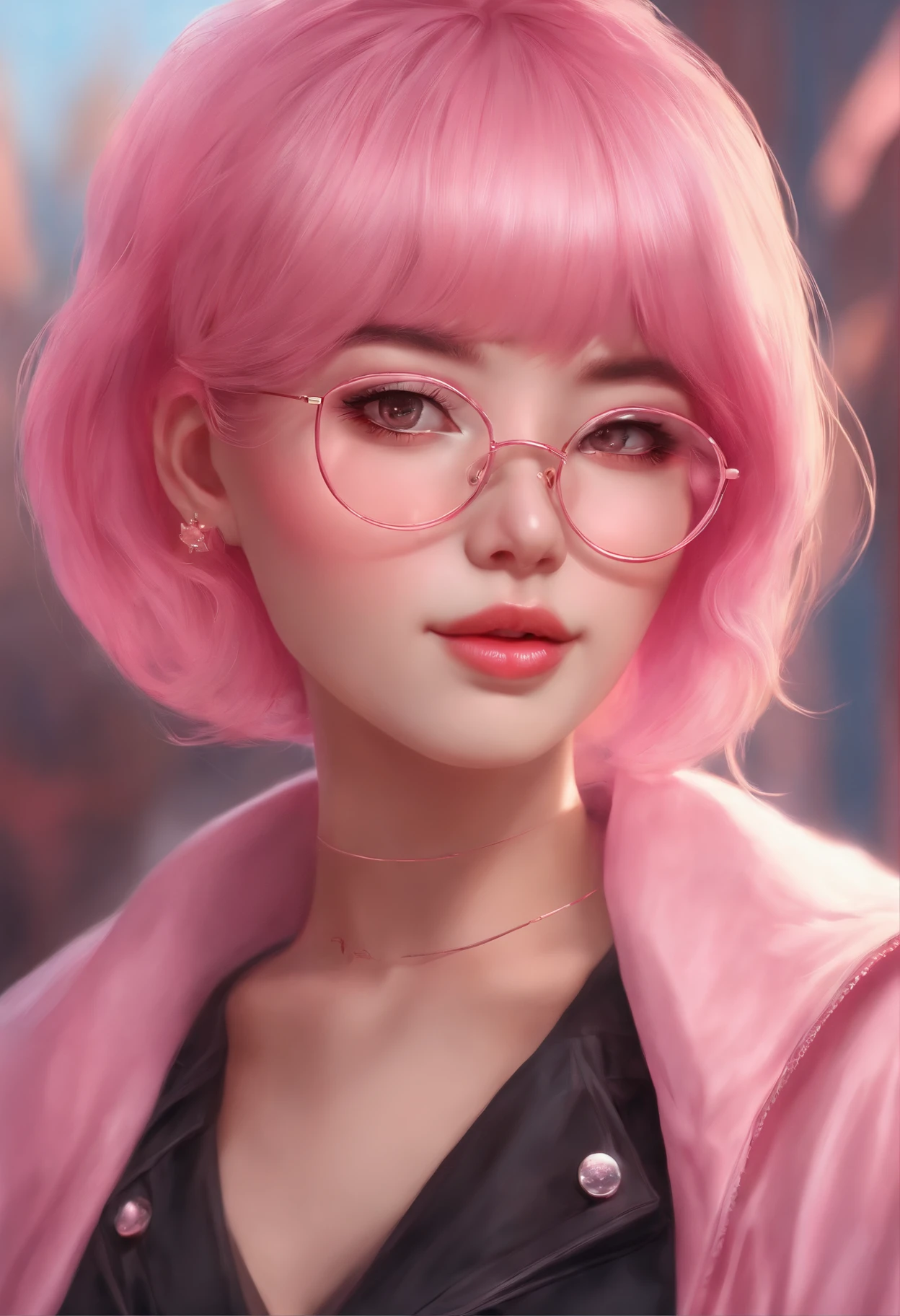 Close-up of a woman with pink hair wearing glasses, artwork in Guvez style, Guvez, kawaii realistic portrait, inspired by Seihiko-kun, glowing pink face, pink girl, beautiful anime portrait, pink glasses, glowing pink eyes, realistic anime 3 D style, Yanjuncheng, realistic anime art style, ((pink)8k