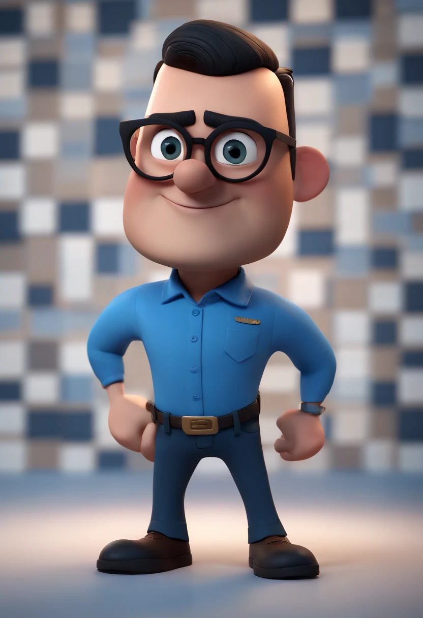 Cartoon character of a man wearing black glasses and a blue shirt, um personagem animado, Caractere estilizado, animation style rendering, 3D estilizado, Arnold Maya render, 3 d render stylized, toon render keyshot, Personagem 3D, Personagem 3D, 3d rendering stylized, 3 d character render, personagem de desenho animado, Personagem de close up, Pose de personagem, (Estilo Pixar) (master part:1.2) (Bokeh) (best quality) (pele detalhada) (textura detalhada) (8k) (argila) (Cinematic lighting) (foco nítido,Senta e vaza a parte superior do corpo