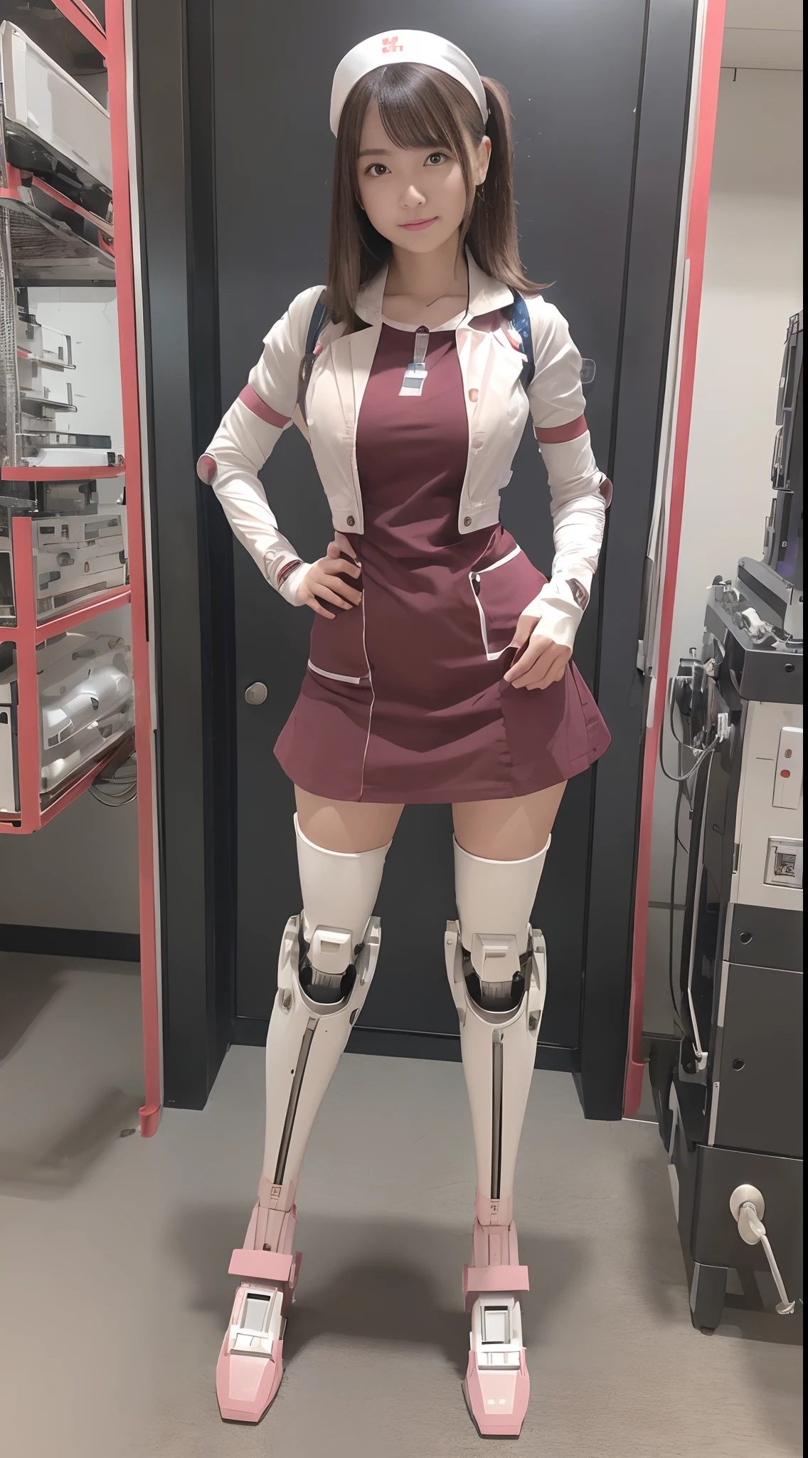 ((masutepiece)), ((top-quality), High quality, ultra-definition, Realistic, fulcolor, 1 Beautiful Nurse Robot Girl, Joints of machines, Frame of the machine, Thick wire joints, Pink Nurse Dress Machine Armor, Brown straight hair,,((Electronic substrate)),(Perfect Robot Girl),(Perfect machine body),(Perfect mechanical legs),(Slender body),(Well-proportioned girl),(Standing with legs open),(Hands on hips),(front facing)