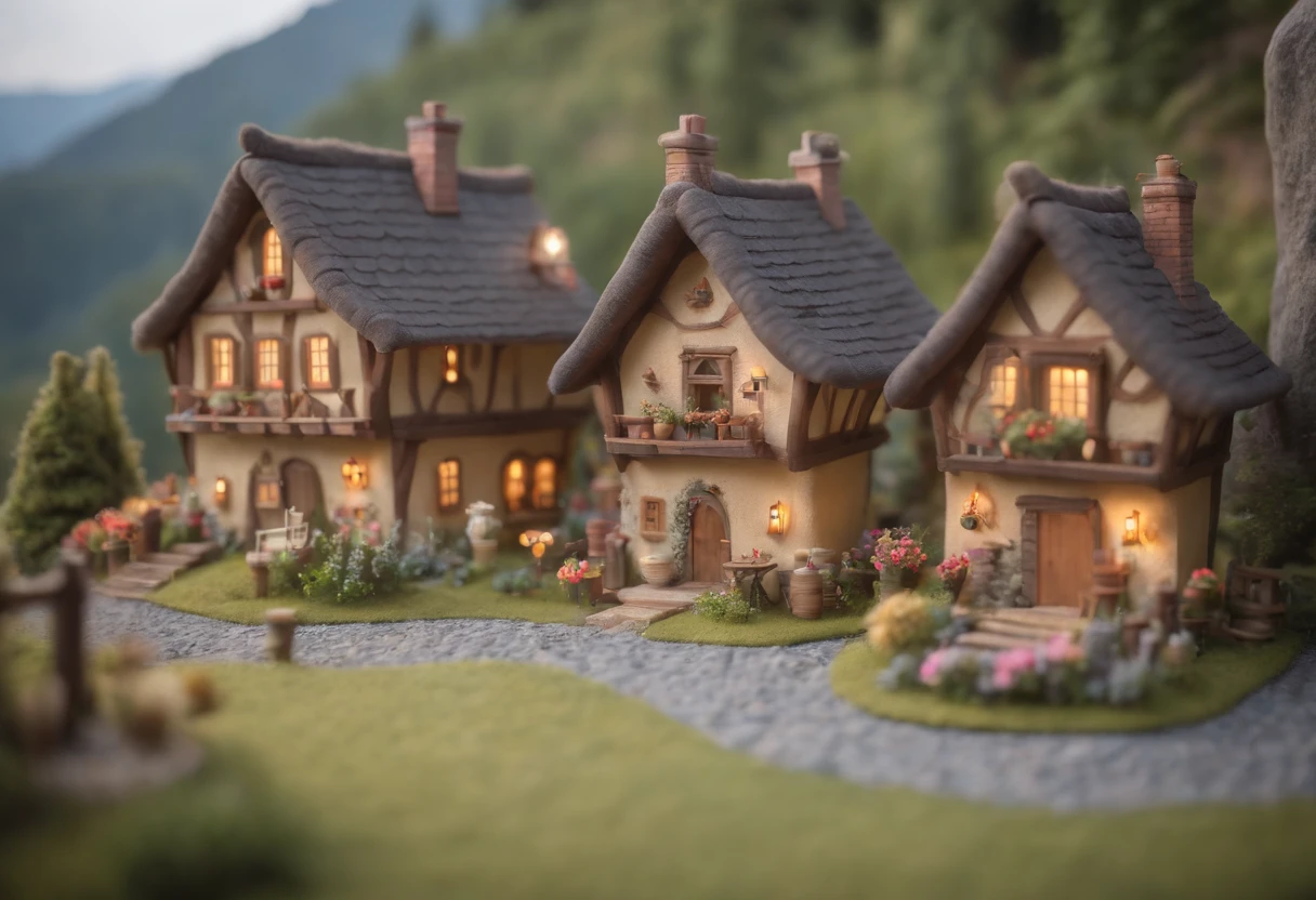 Fairy Wool House（Fairy Tale Wool House Hotel）, cute world of wool felt, wool knitted fabric, Cartoon, Some small houses, farms, barracks, warehouses, Flower shop, Super cute, masterful lighting, volumetry, In Studio Ghibli style, Tilt - shift, 80mm lens, largeaperture, 。.3D, blender, Masterpiece, Super detail, Best quality