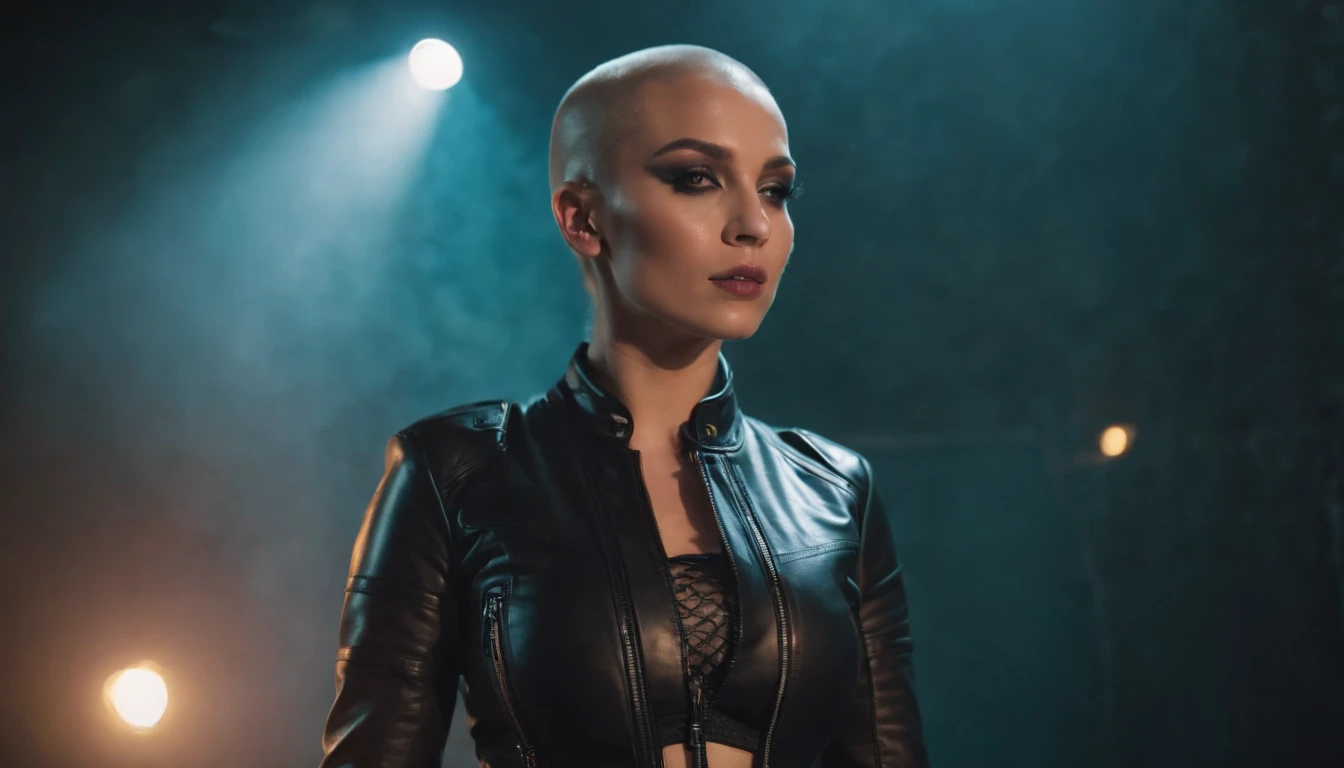 Beautiful shaved head woman dressed in leather jacket and fishnet bodysuit dancing in an underground rave, black make-up, techno aesthetic, techno rave, sensual pose, ultra detailed, photorealistic, masterpiece.