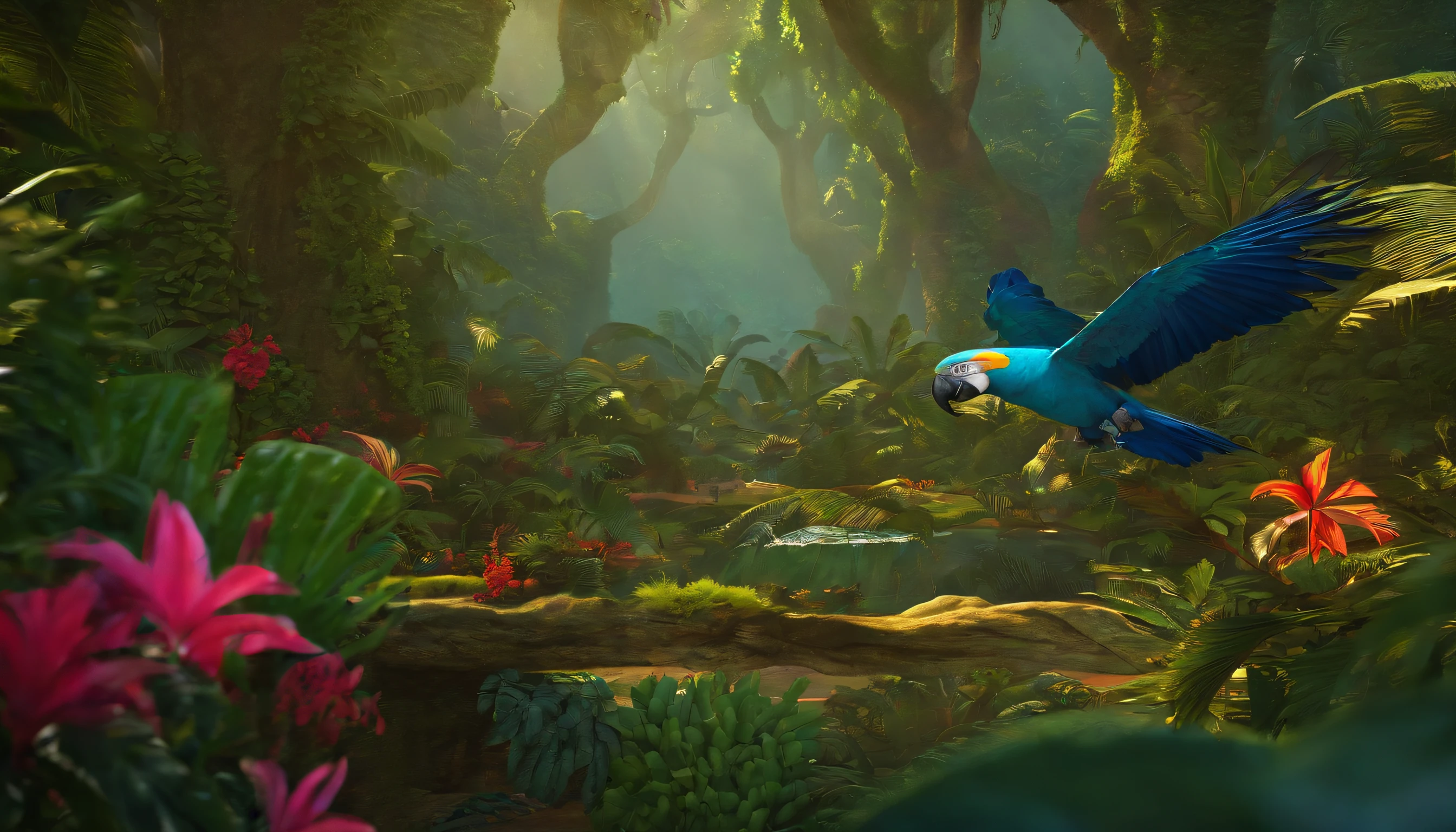 Customize for me Isabela and the carpet land in a vibrant jungle.
They encounter a talking parrot that guides them through the forest