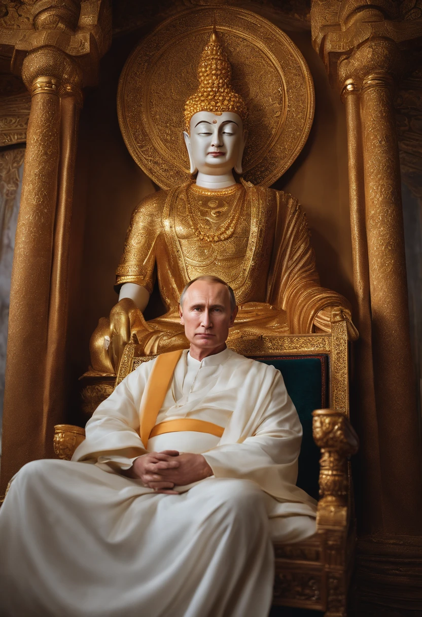 Vladimir Putin sitting in a chair with a golden robe and a buddha statue, a portrait by Alexander Kucharsky, trending on Artstation, hyperrealism, portrait of vladimir putin, portrait of putin, putin portrait, monk meditate, god emperor biden, buddhism, the buddha, portrait of monk, maxim sukharev, putin, samsara, vladimir putin