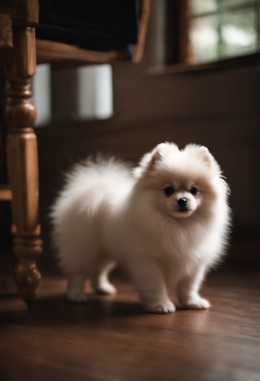 Cute white puppy，pomeranian，Long hairs，Black eyes，Squat on a stool，Moist eyes，Mao obediently，Ears stand up