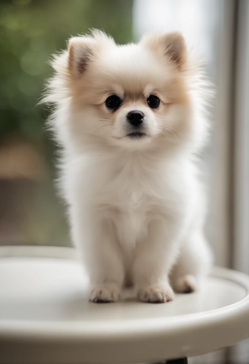 Cute white puppy,pomeranian,Long hairs,Black eyes,Squat on a stool,Moist eyes,Mao obediently,Ears stand up