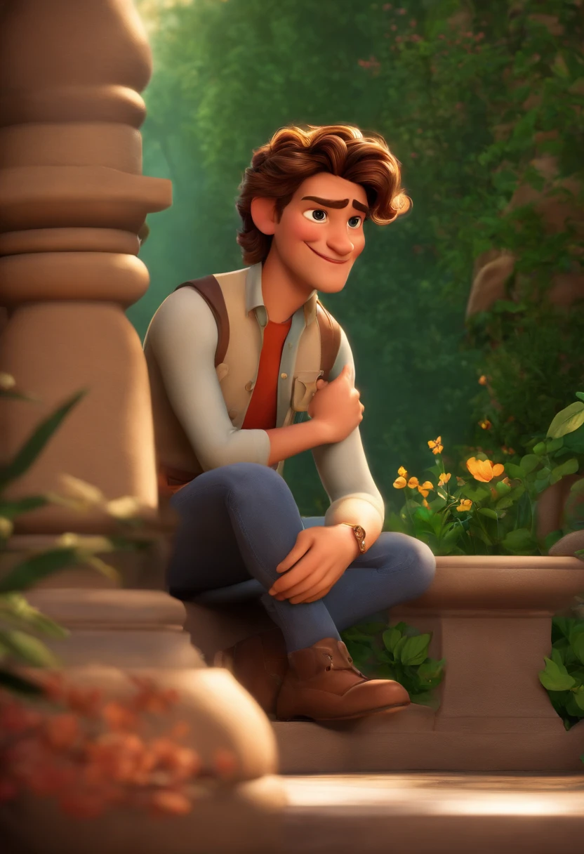 Um branco dos olhos castanhos cabelo preto com toupete nariz meio chato orelha meio grande no modelo pixar disney
