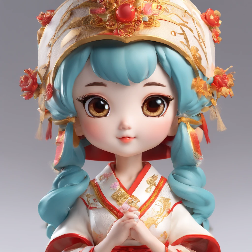 super cute girl IP by pop mart, Bright eyes, cherub,Red and gold hanfu, Clay, Models, a blind box toy, Glossy and delicate,Clean background, Good gloss, 3D rendering of,Best quality
