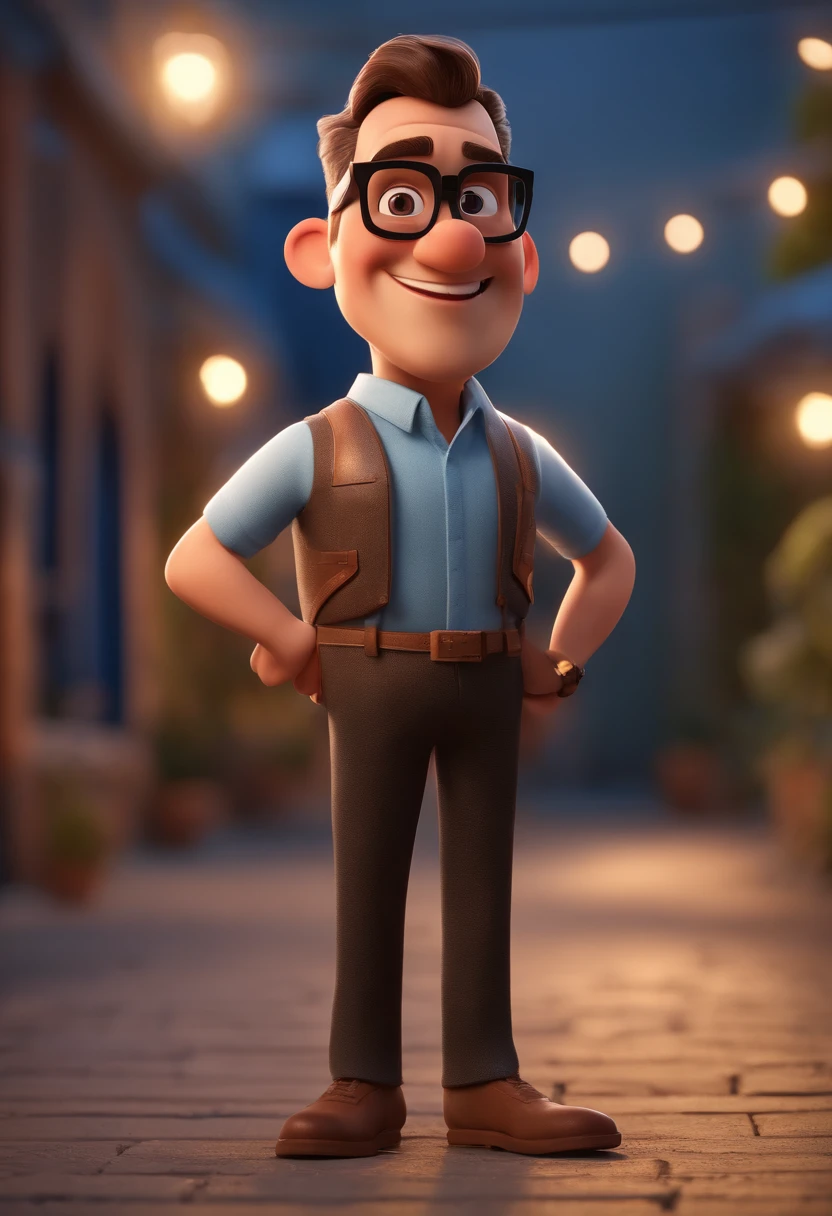 Cartoon character of a man with black glasses and a blue shirt, animation character, Caractere estilizado, animation style rendering, 3D estilizado, Arnold Maya render, 3 d render stylized, toon render keyshot, Personagem 3D, Personagem 3D, 3d rendering stylized, 3 d character render, personagem de desenho animado, Personagem de close up, Pose de personagem,  (Estilo Pixar) (master part:1.2) (Bokeh) (best quality) (pele detalhada) (textura detalhada) (8k) (argila) (Cinematic lighting) (foco nítido