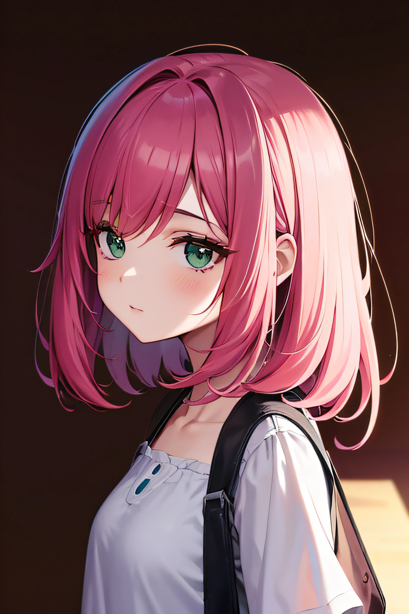 crie personagem menina fofa de 12 anos com cabelo rosa e um headphone verde