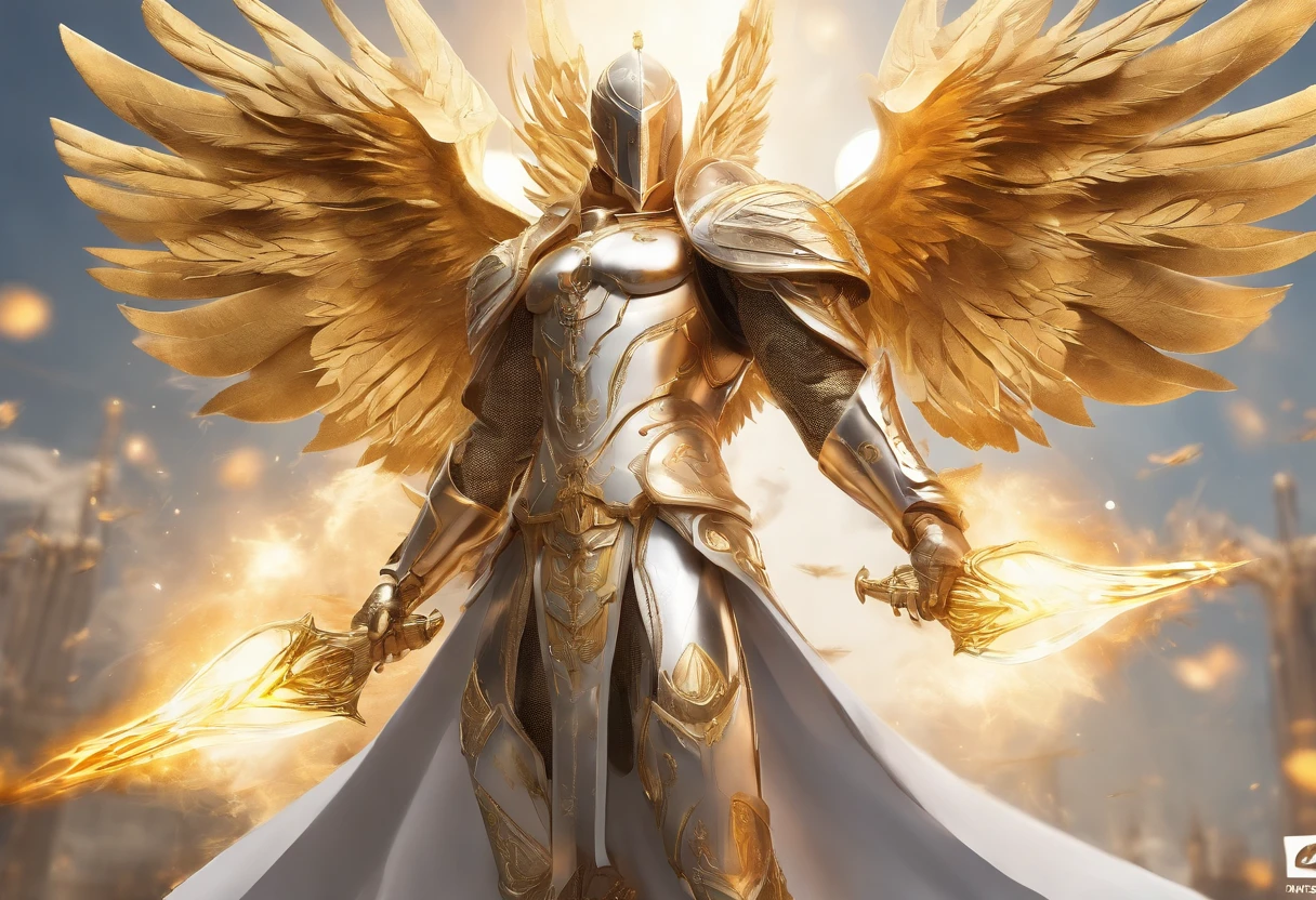 ((The Justice angel)),(take flame blade which reflect the dizzle light),burnning up in fire,equiped with golden armer,((eyes shinning gold beam)),background in holy beaming from the heaven,official art,epic