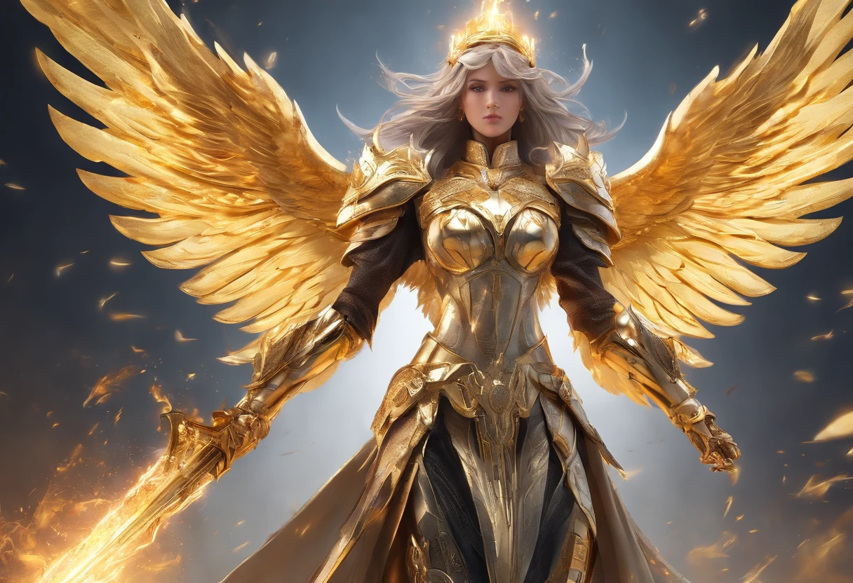 ((The Justice angel)),(take flame blade which reflect the dizzle light),burnning up in fire,equiped with golden armer,((eyes shinning gold beam)),background in holy beaming from the heaven,official art,epic