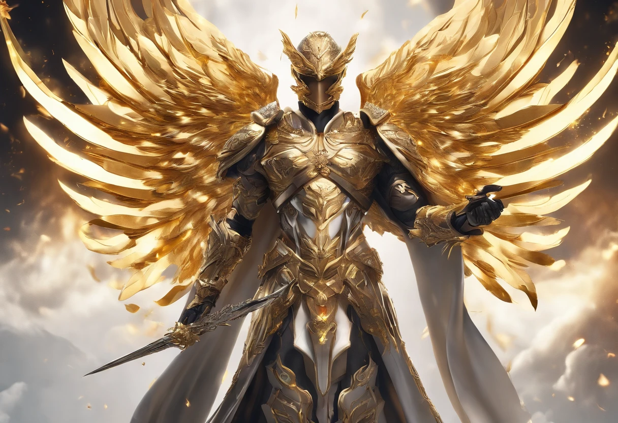 ((The Justice angel)),(take flame blade which reflect the dizzle light),burnning up in fire,equiped with golden armer,((eyes shinning gold beam)),background in holy beaming from the heaven,official art,epic