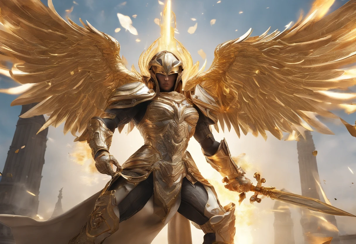 ((The Justice angel)),(take flame blade which reflect the dizzle light),burnning up in fire,equiped with golden armer,((eyes shinning gold beam)),background in holy beaming from the heaven,official art,epic