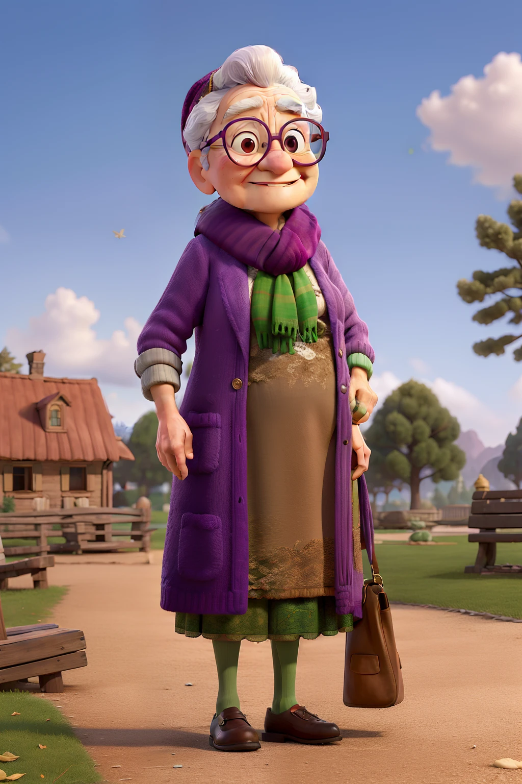 masterpiece, best quality, an old woman with glasses and a scarf on, wearing a purple coat and green scarf, standing at the park