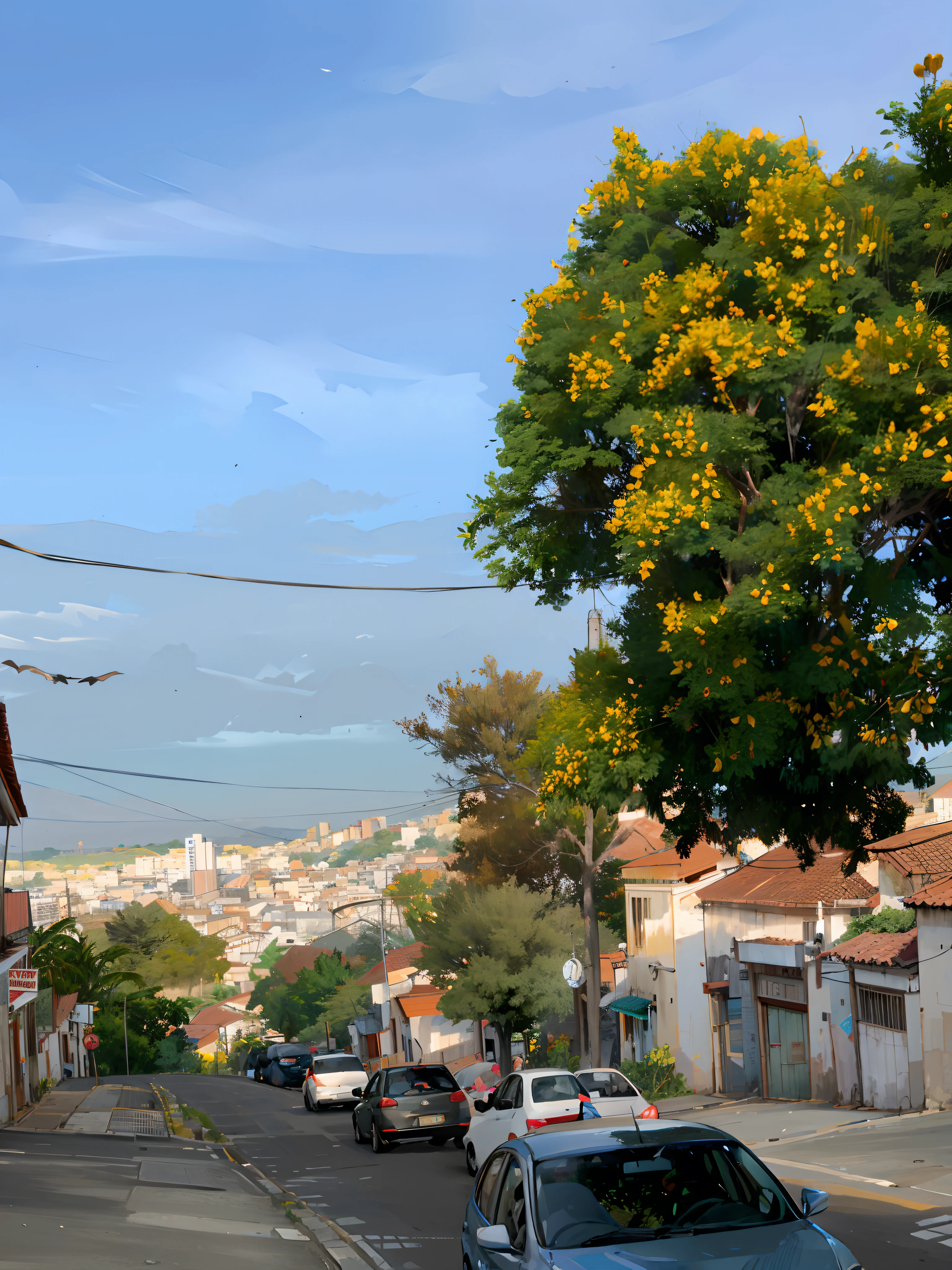 Cars parked on the side of the road near a tree, natureza crescendo ao redor da cidade, urban view in the distance, arredores da cidade, The city is full of green plants, Nature returning to the city, com flores amarelas ao redor, sweet acacia trees, vista da rua, A foto foi tirada de longe, cidade em segundo plano, trees and flowers