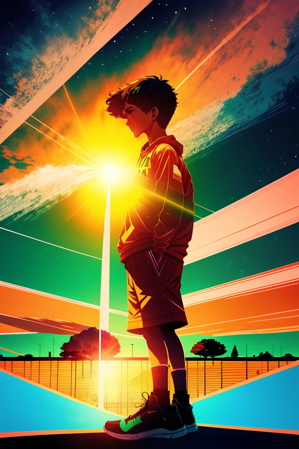 Realistic art of a boy basketball player standing on a basketball court with a giant sun in the sky, arte de fundo, Jen Bartel, Dia tranquilo. digital illustation, arte de fundo, Arte Lofi, rosto detalhado, detailed sky, Estilo de Arte Lofi, arte de fundo do anime, anime sky, heaven, Sky Day, No style da obra de Dan Mumford, Fundo do animecores verde e laranja, basquete, bola de basquete